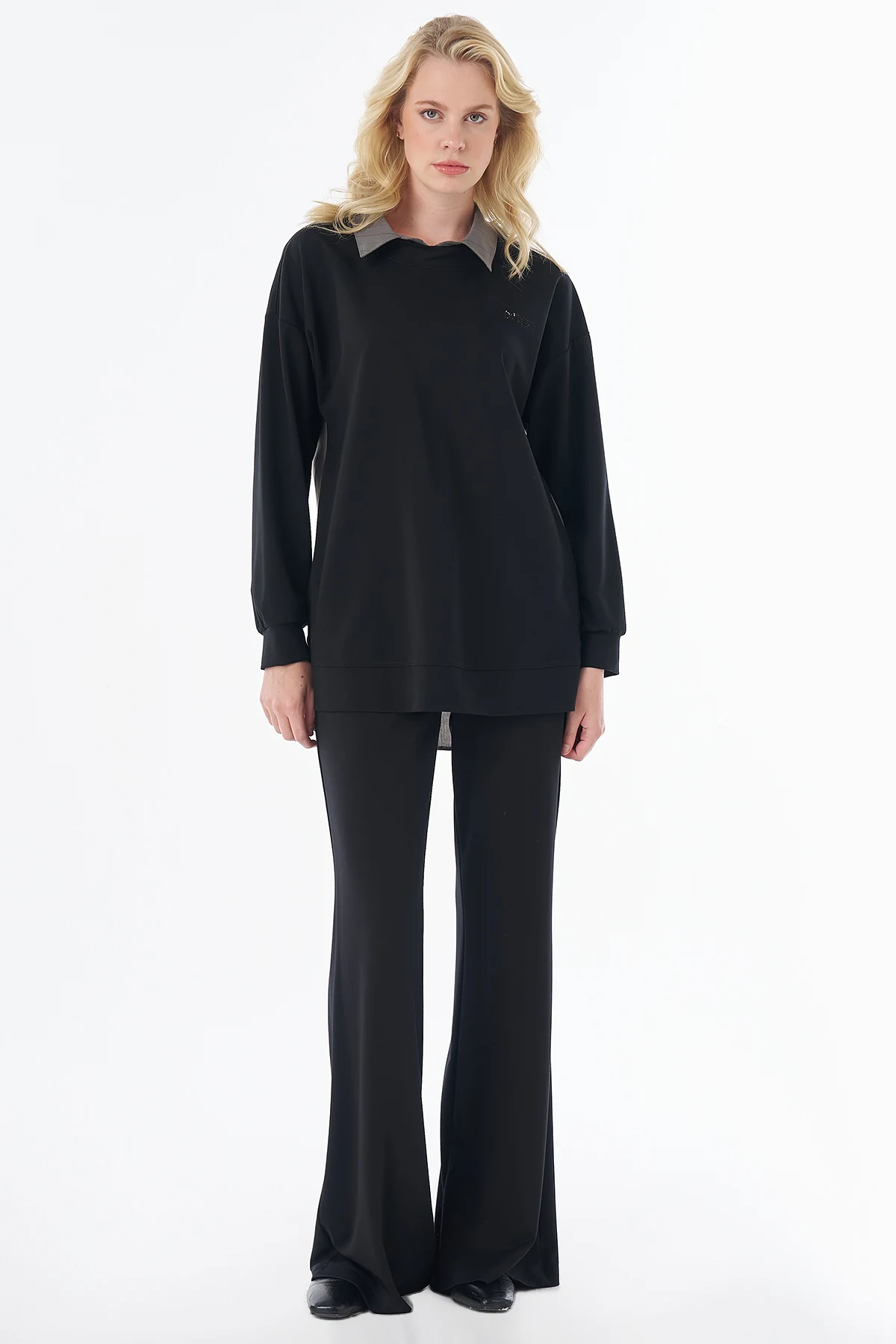 Ruffle Detail Rayon Sweatshirt Black