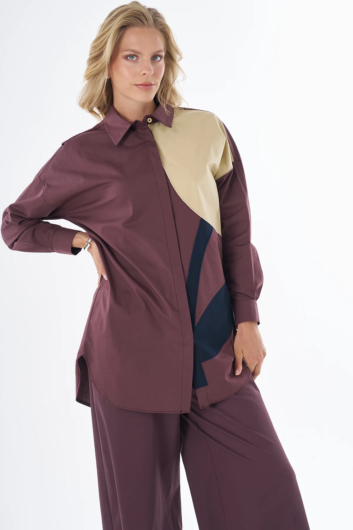 Fabric-Trimmed Cotton Blouse Burgundy