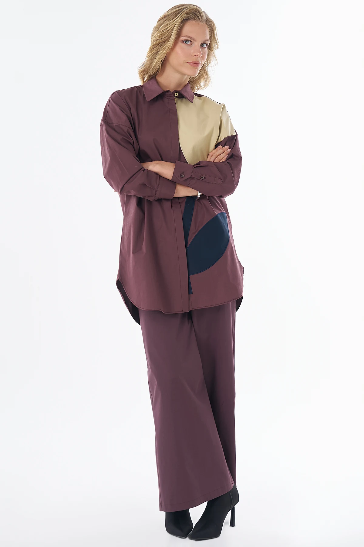 Fabric-Trimmed Cotton Blouse Burgundy