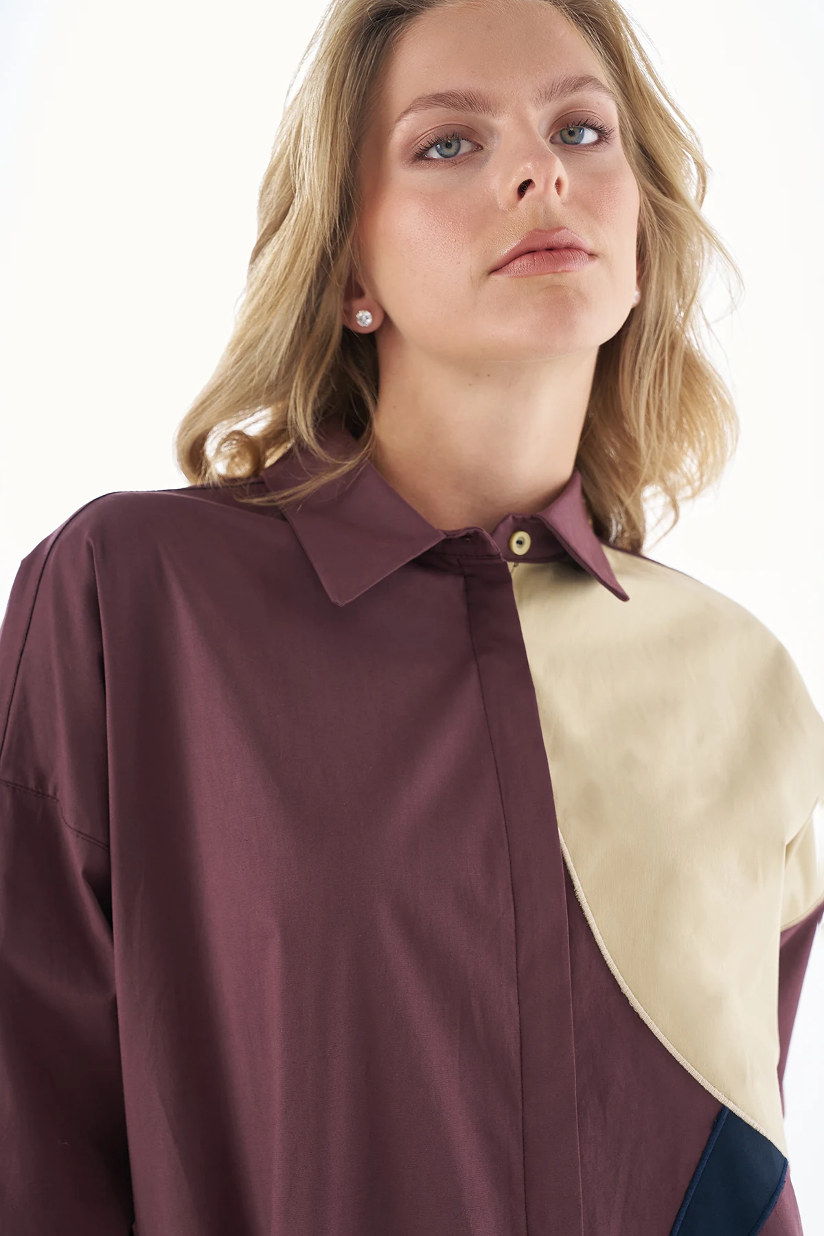 Fabric-Trimmed Cotton Blouse Burgundy