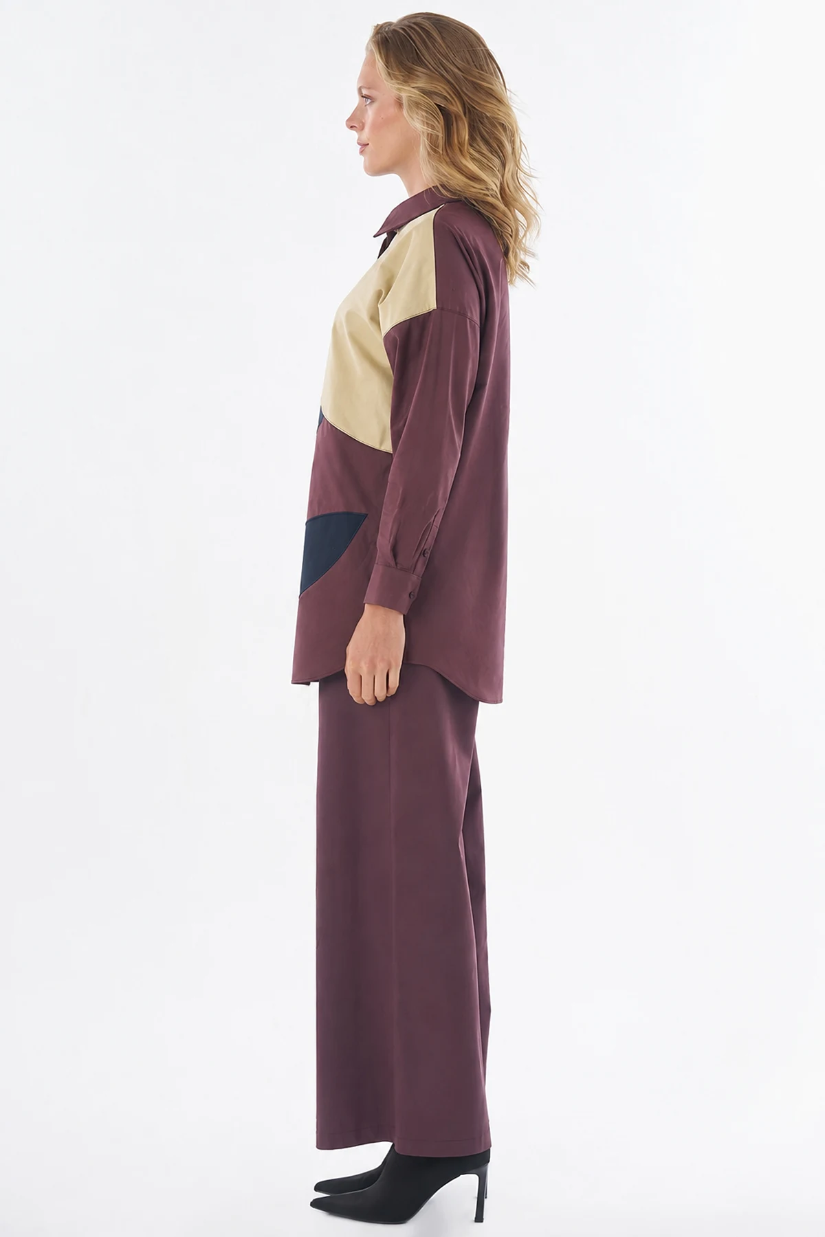 Fabric-Trimmed Cotton Blouse Burgundy