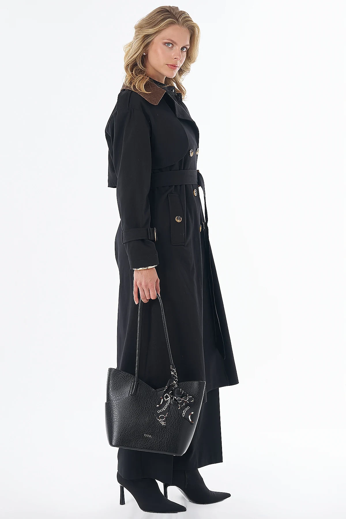 Leather-Collar Trench Coat Black