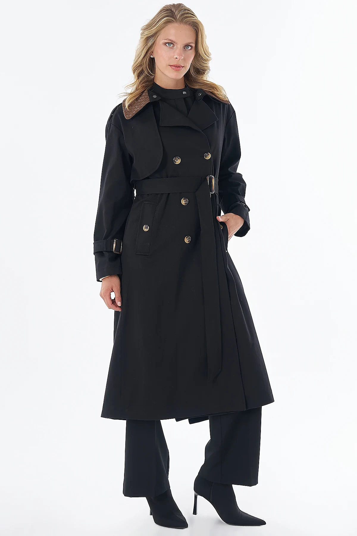 Leather-Collar Trench Coat Black
