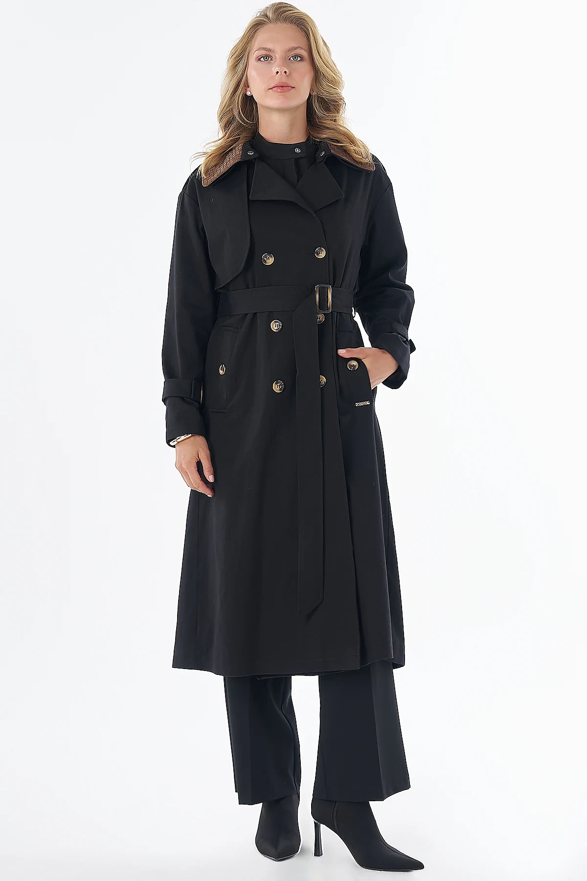 Leather-Collar Trench Coat Black