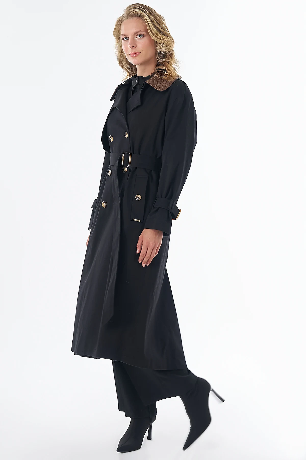 Leather-Collar Trench Coat Black