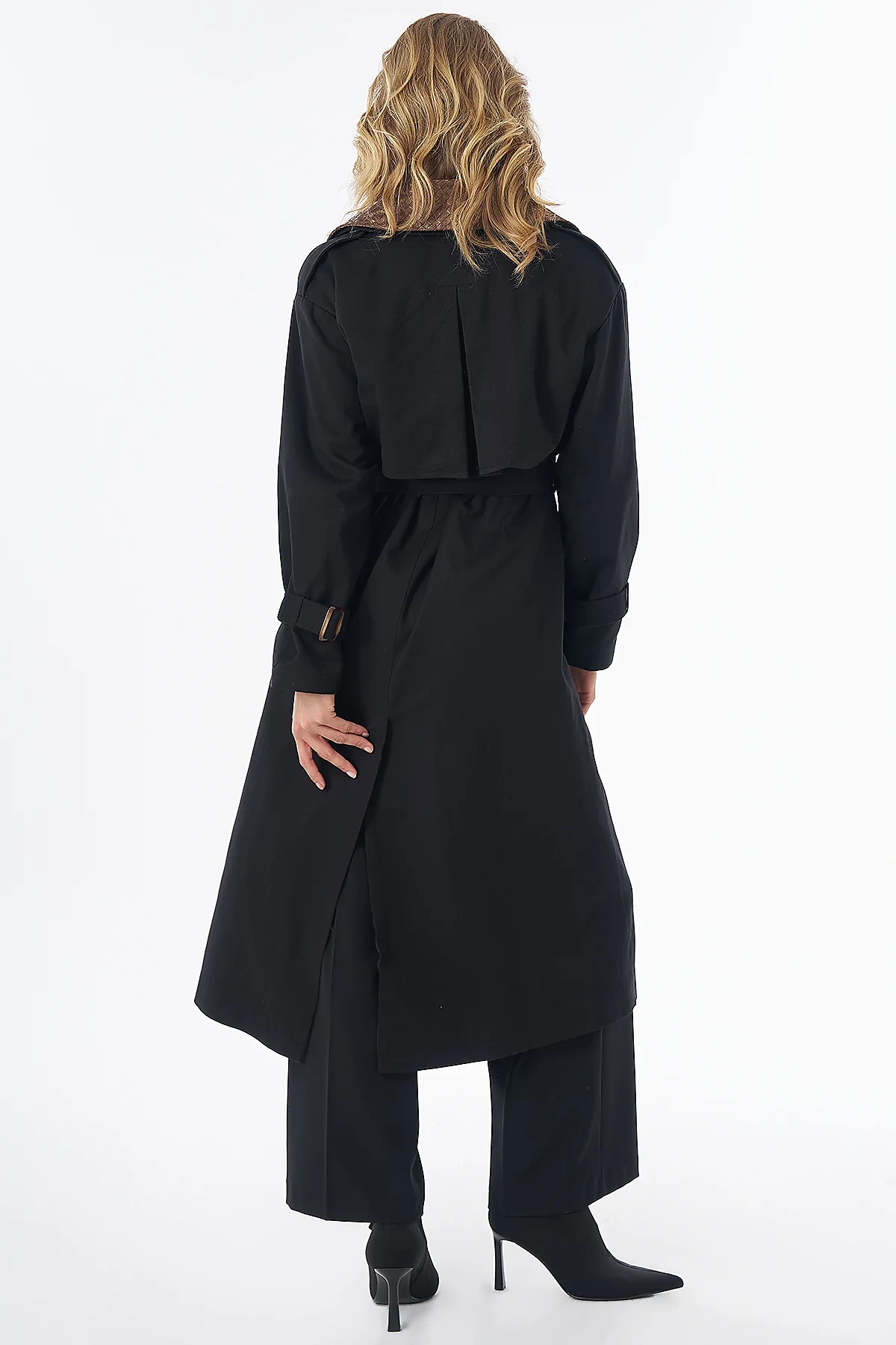 Leather-Collar Trench Coat Black