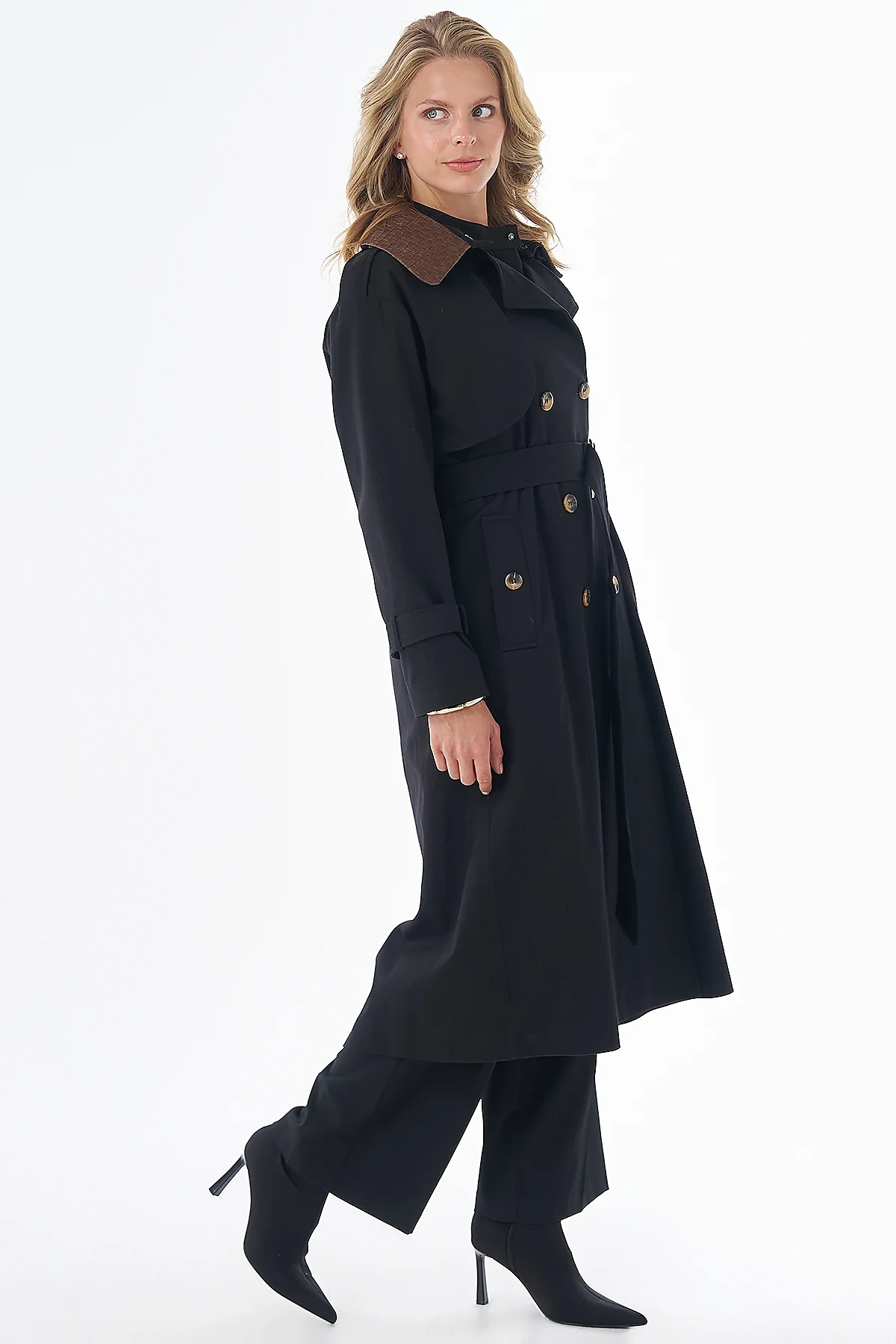 Leather-Collar Trench Coat Black