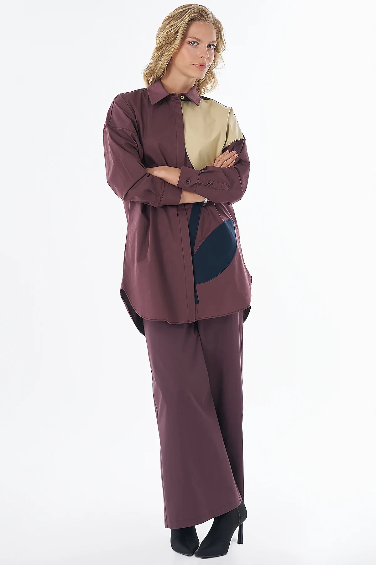 Fabric-Trimmed Cotton Blouse Burgundy