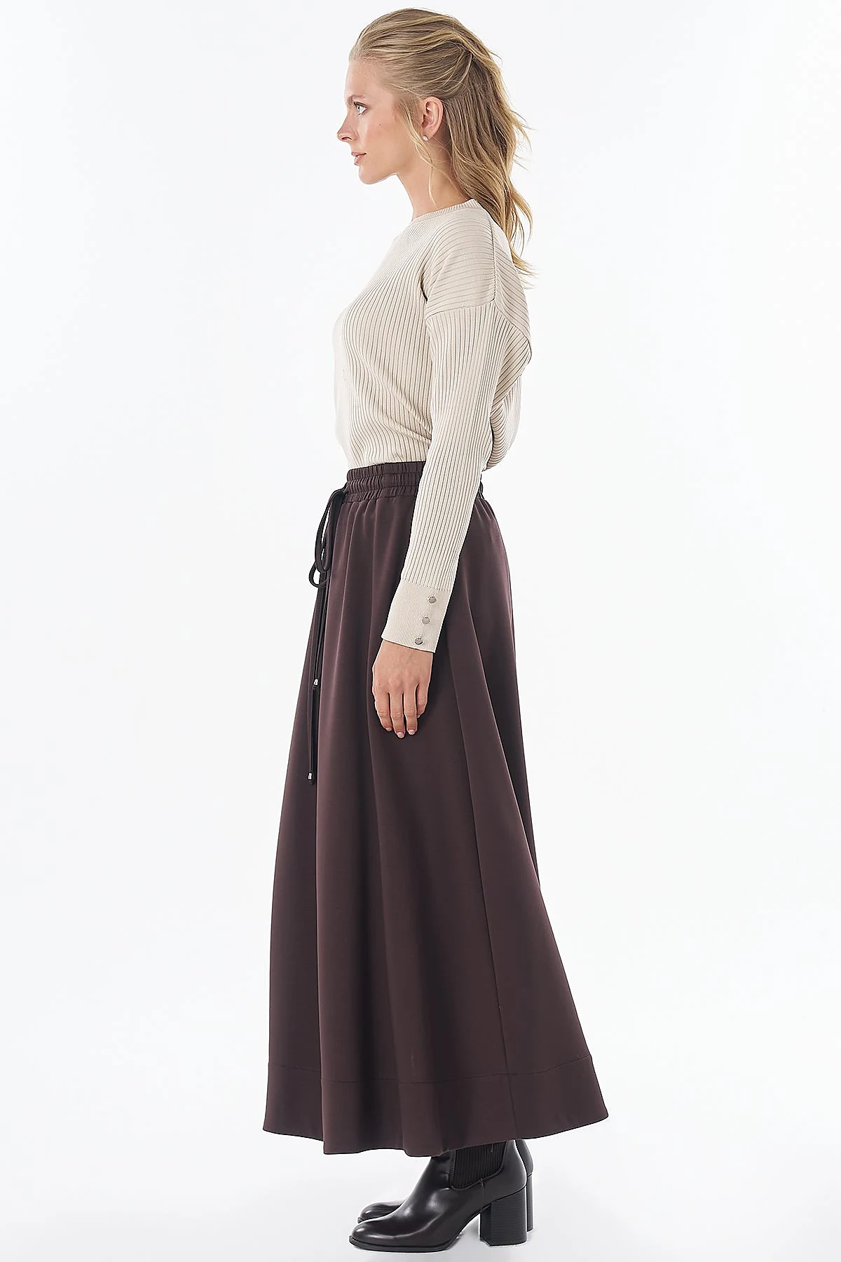 Bağcıklı Rayon Etek Kahve