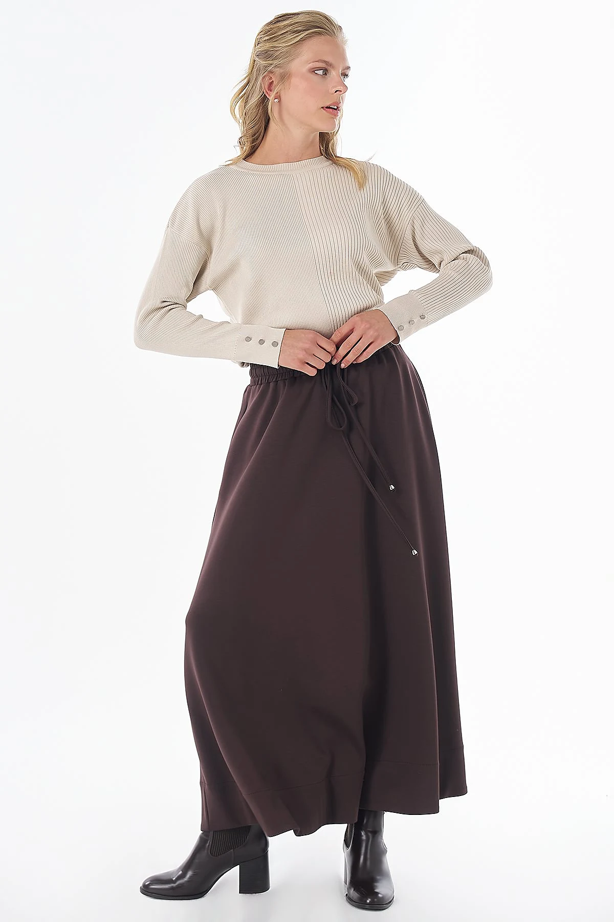 Bağcıklı Rayon Etek Kahve
