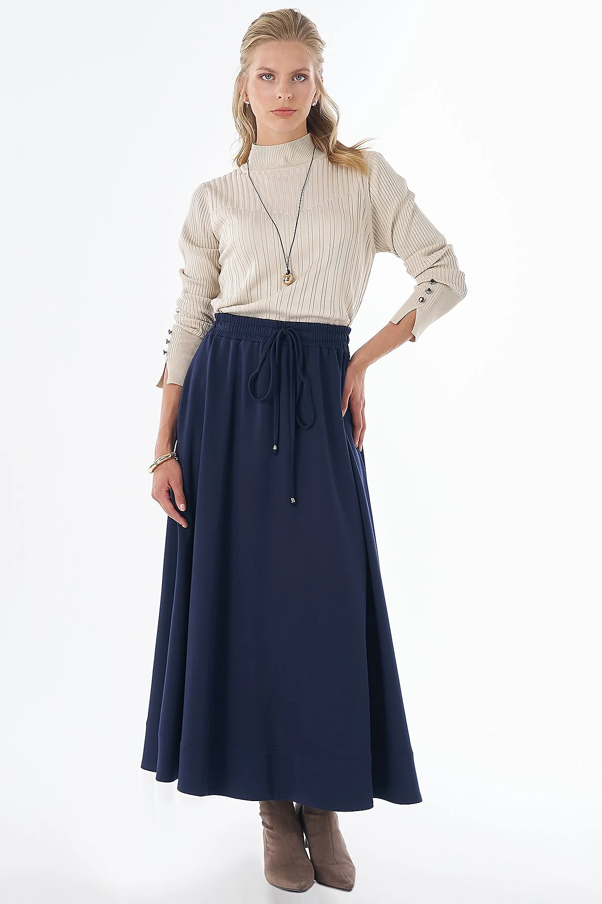 Bağcıklı Rayon Etek Lacivert