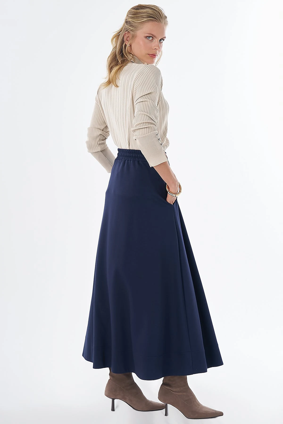 Bağcıklı Rayon Etek Lacivert