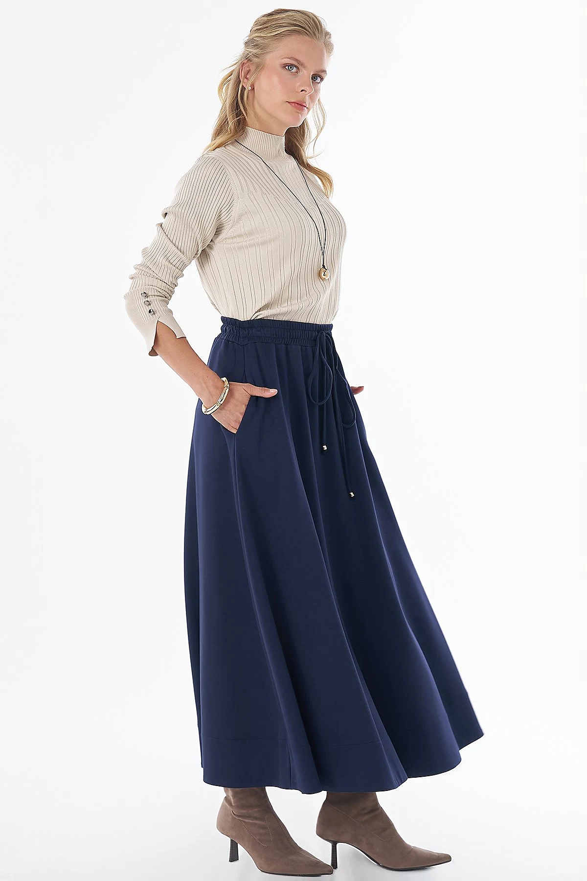 Bağcıklı Rayon Etek Lacivert