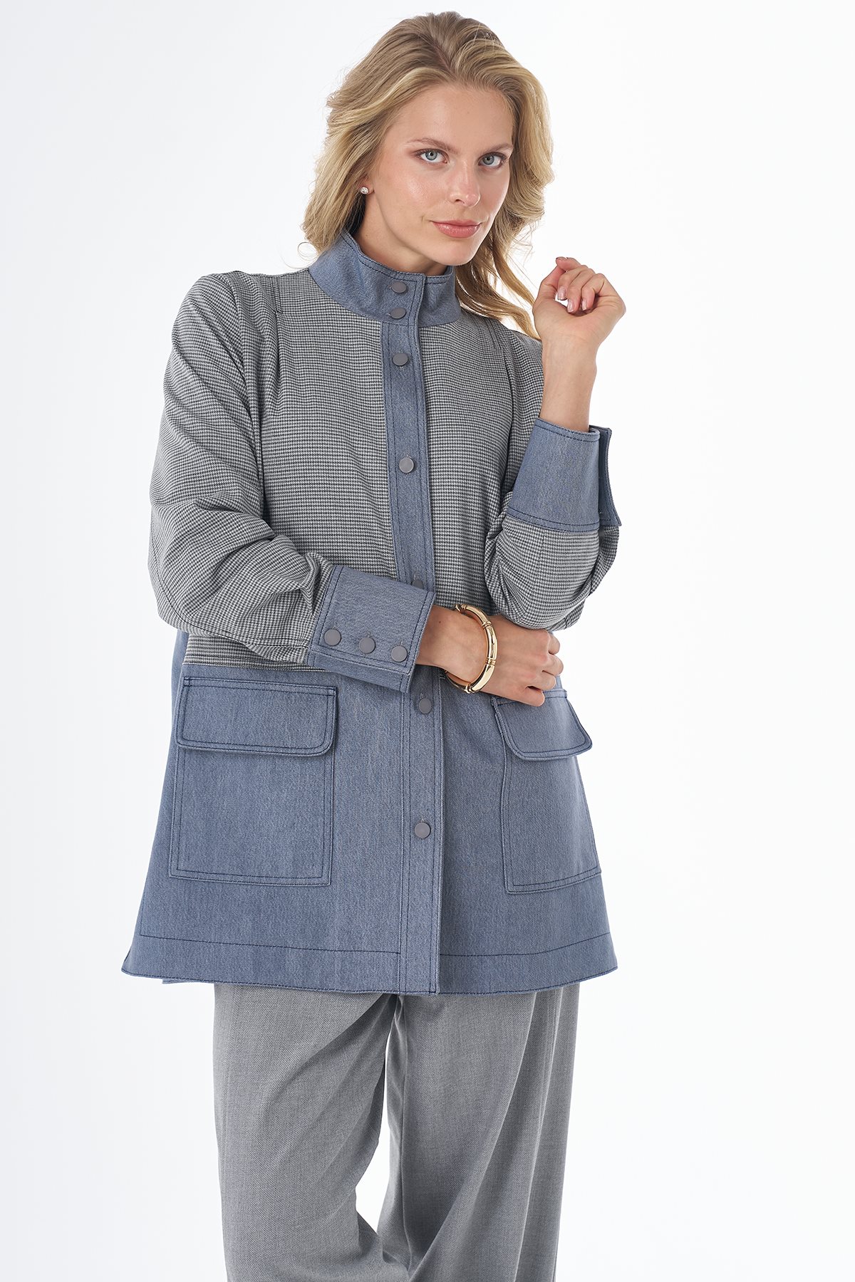 Patch-Pocket Stand-Collar Jacket Gray