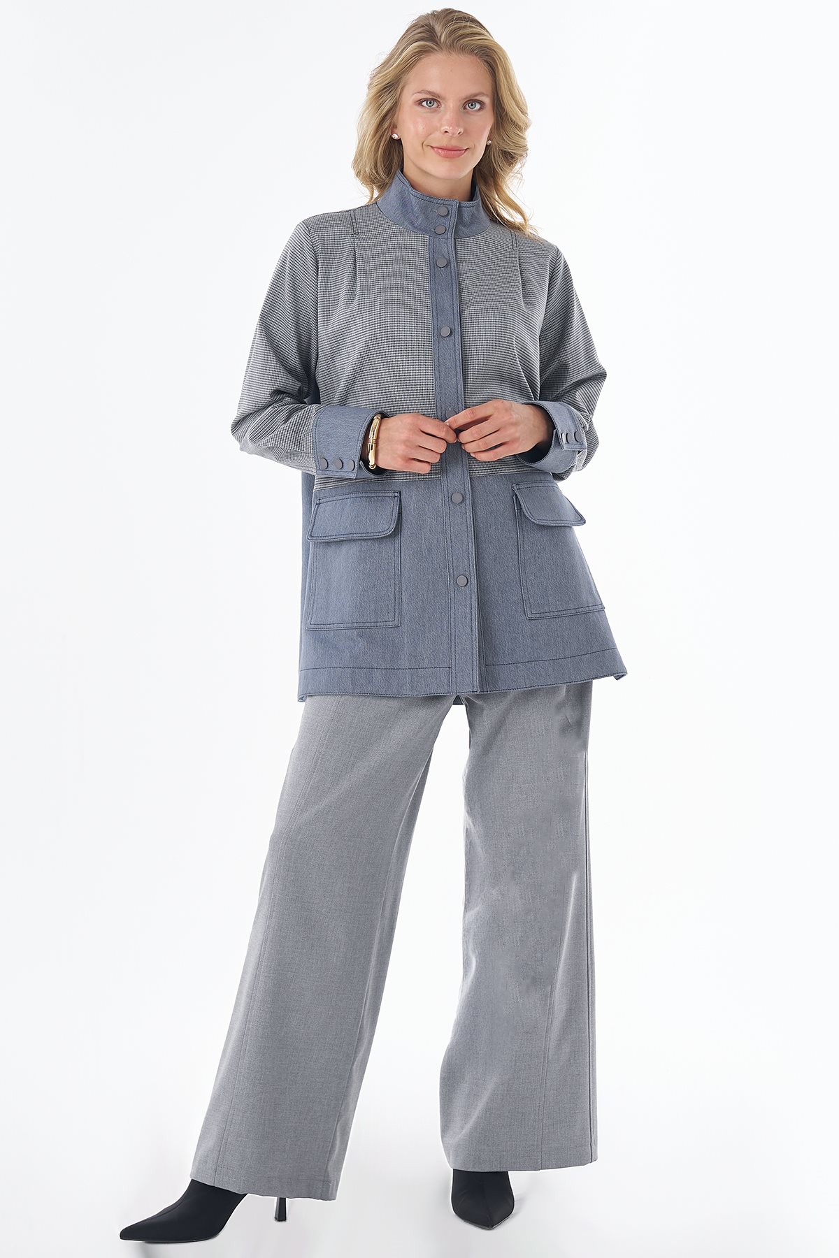 Patch-Pocket Stand-Collar Jacket Gray