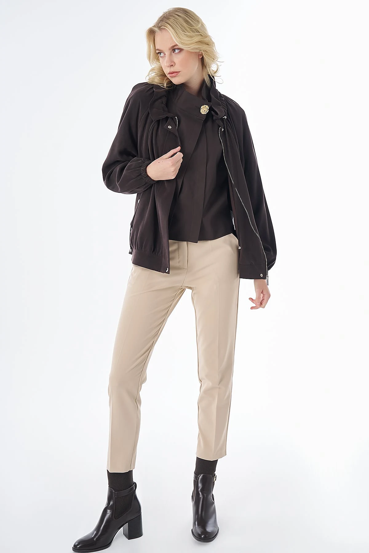 Stand-Collar Lyocell Viscose Jacket Brown