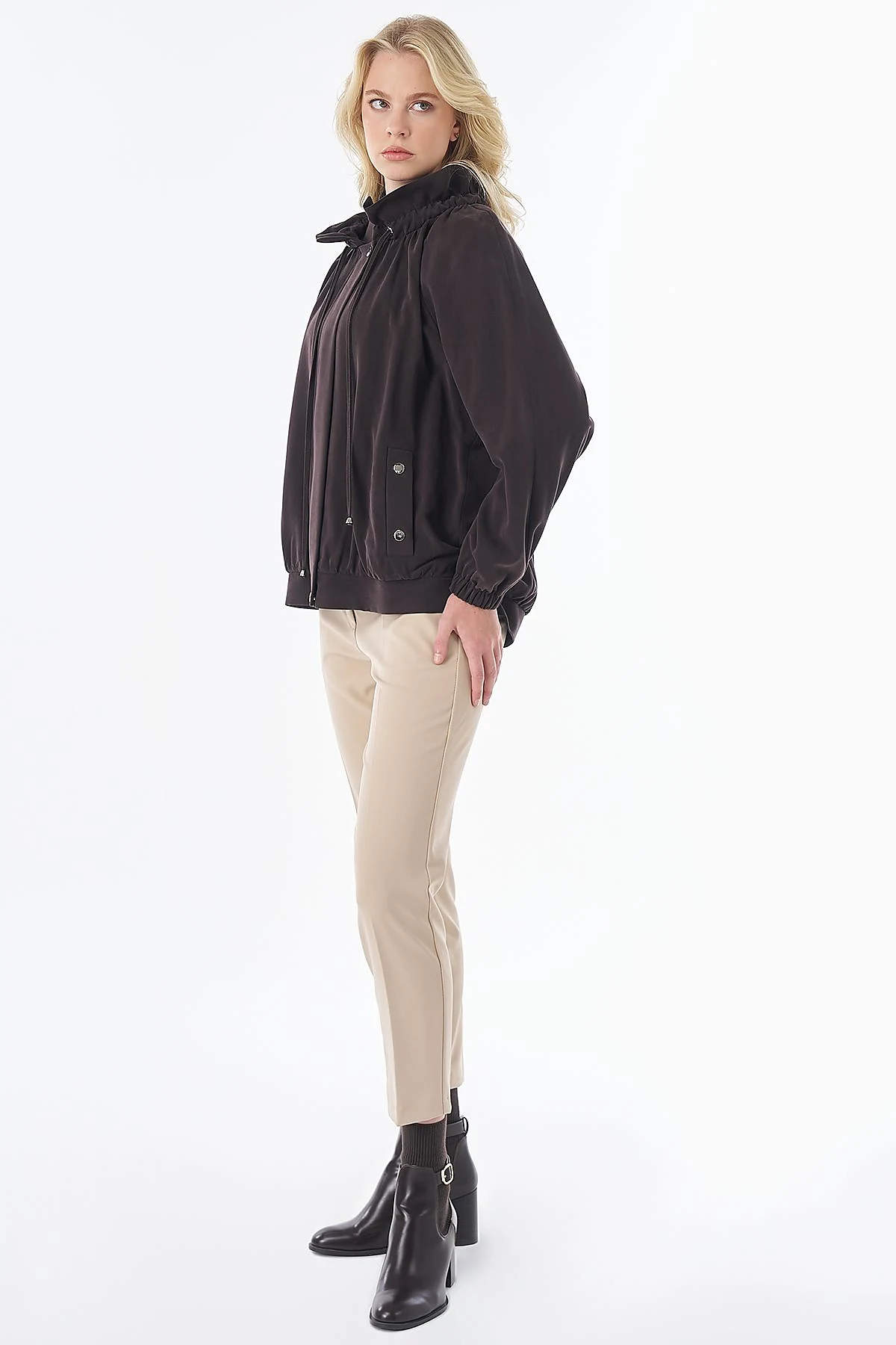Stand-Collar Lyocell Viscose Jacket Brown