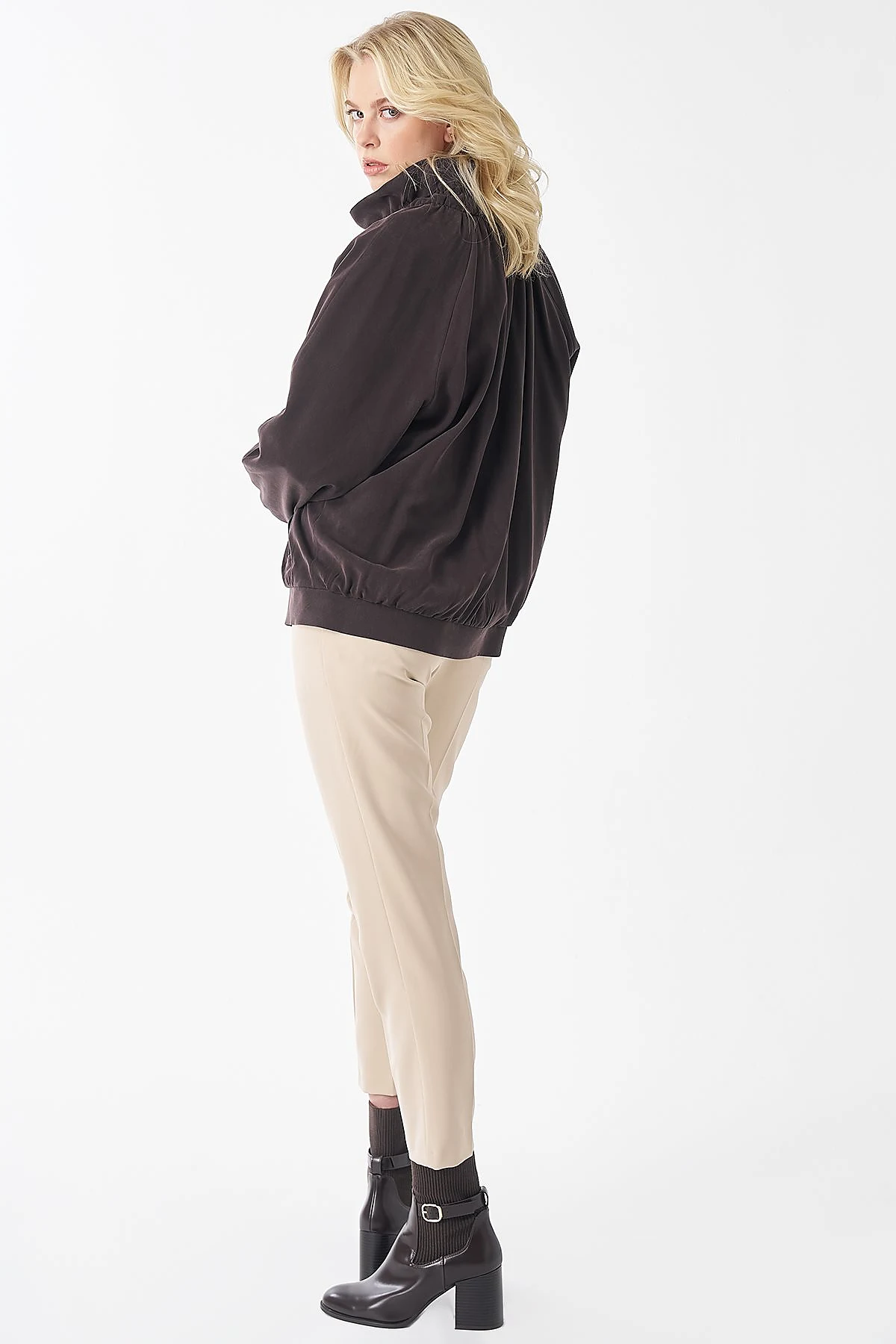 Stand-Collar Lyocell Viscose Jacket Brown