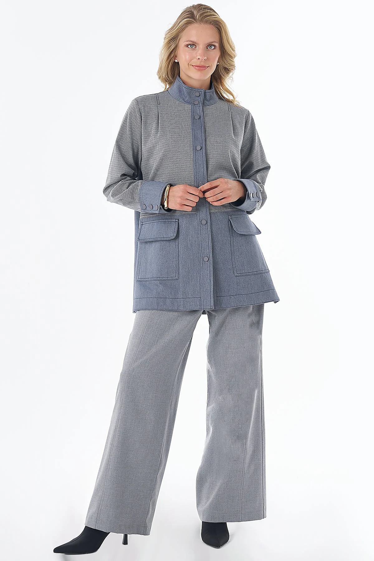 Patch-Pocket Stand-Collar Jacket Gray