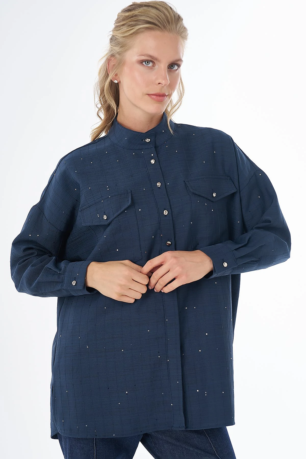 Double-Pocket Mandarin Collar Blouse Navy
