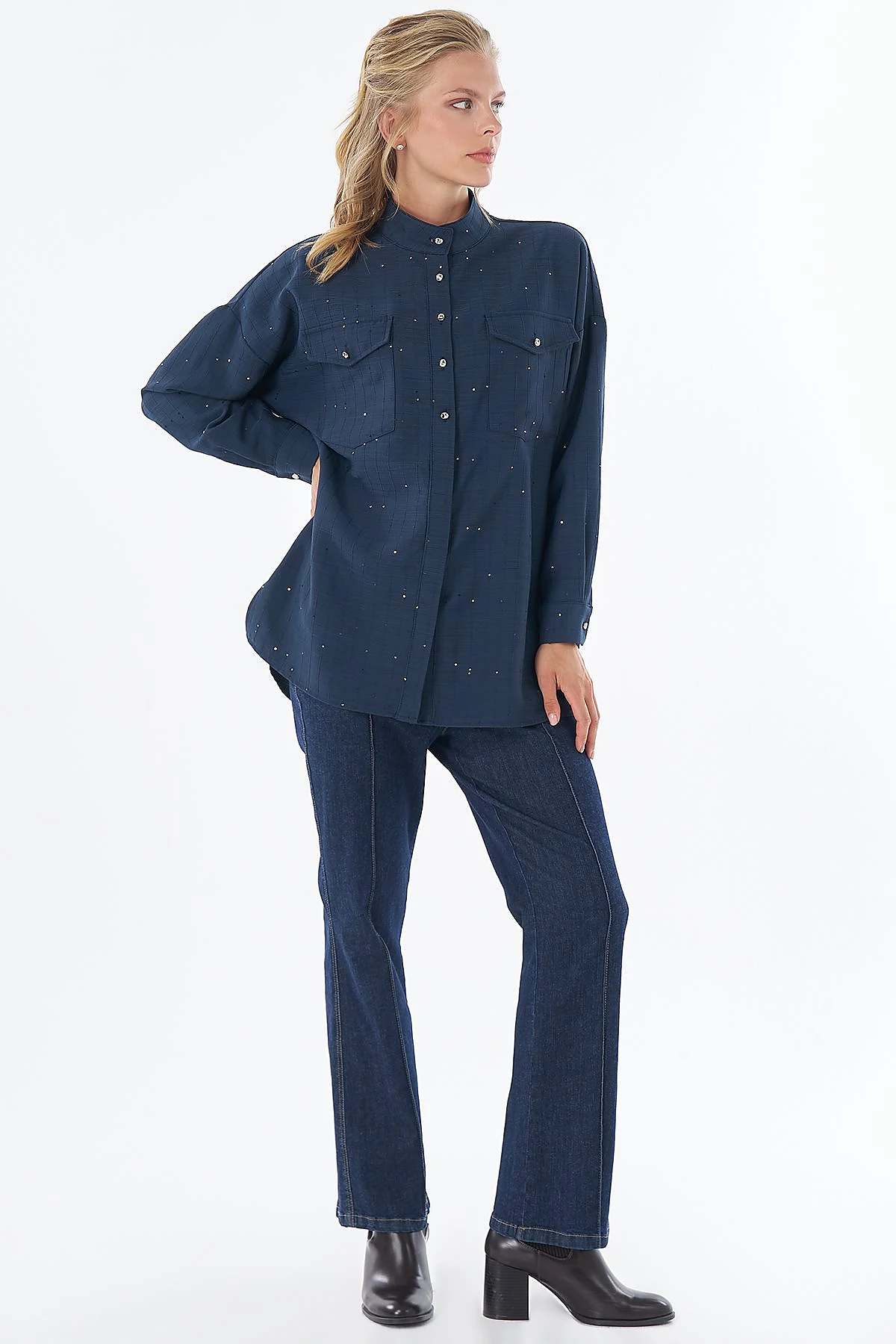 Double-Pocket Mandarin Collar Blouse Navy