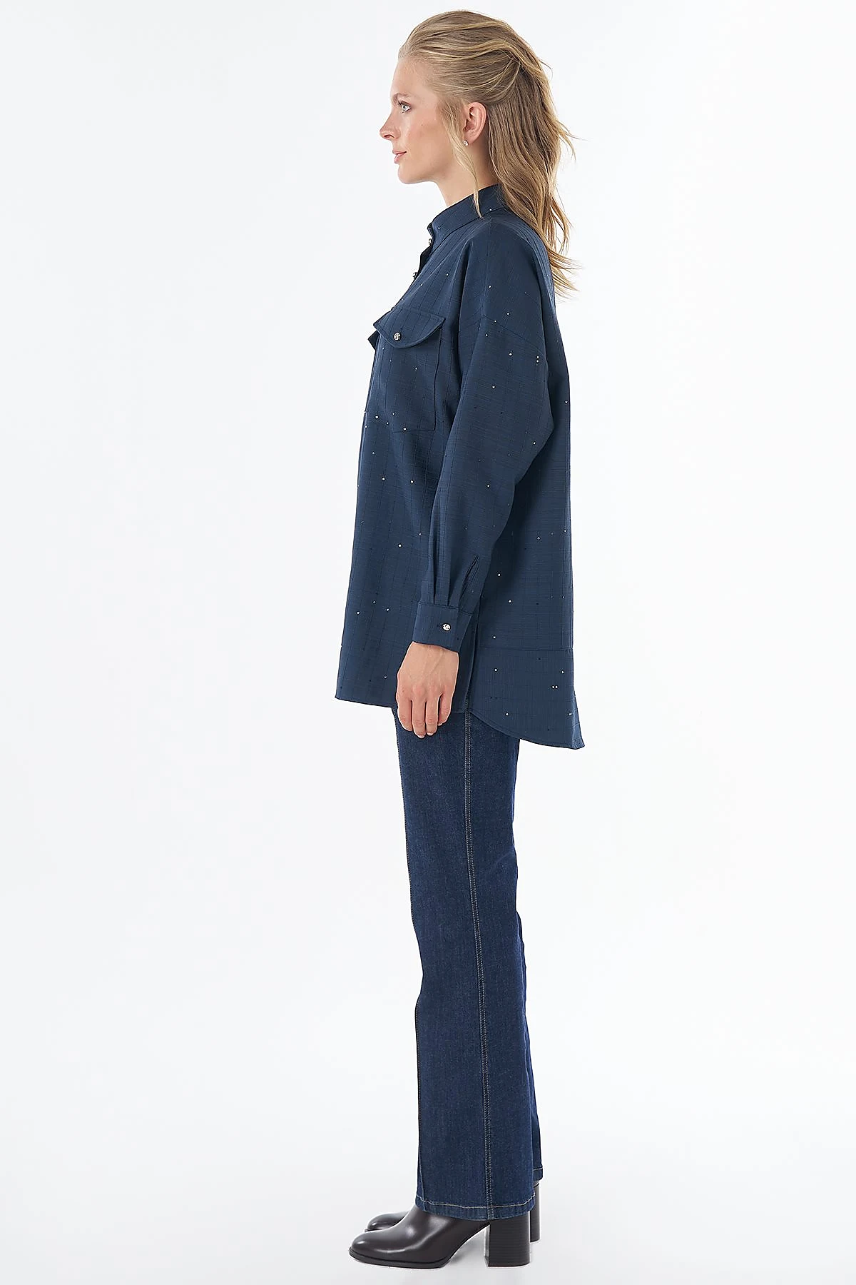 Double-Pocket Mandarin Collar Blouse Navy