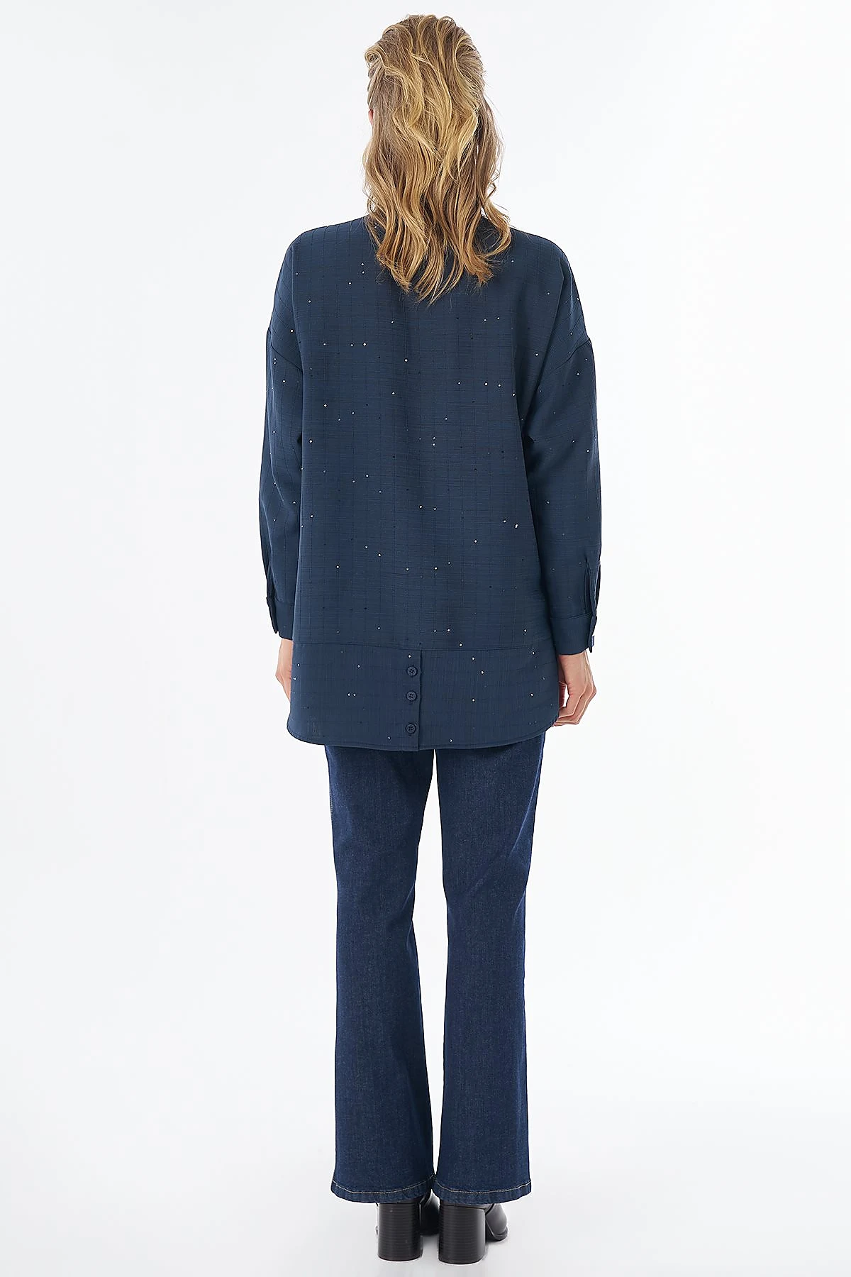 Double-Pocket Mandarin Collar Blouse Navy