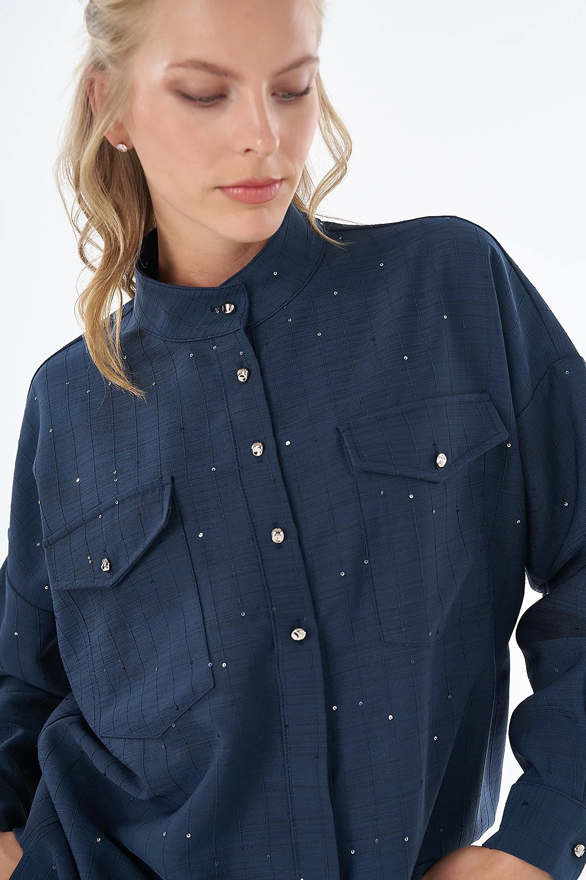 Double-Pocket Mandarin Collar Blouse Navy