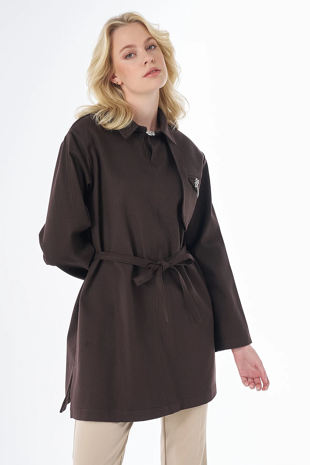 Aller Detaylı Non Denim Tunik Kahve