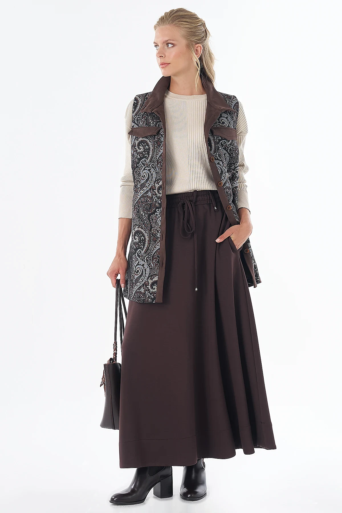 Shawl Pattern Stand Collar Vest Brown