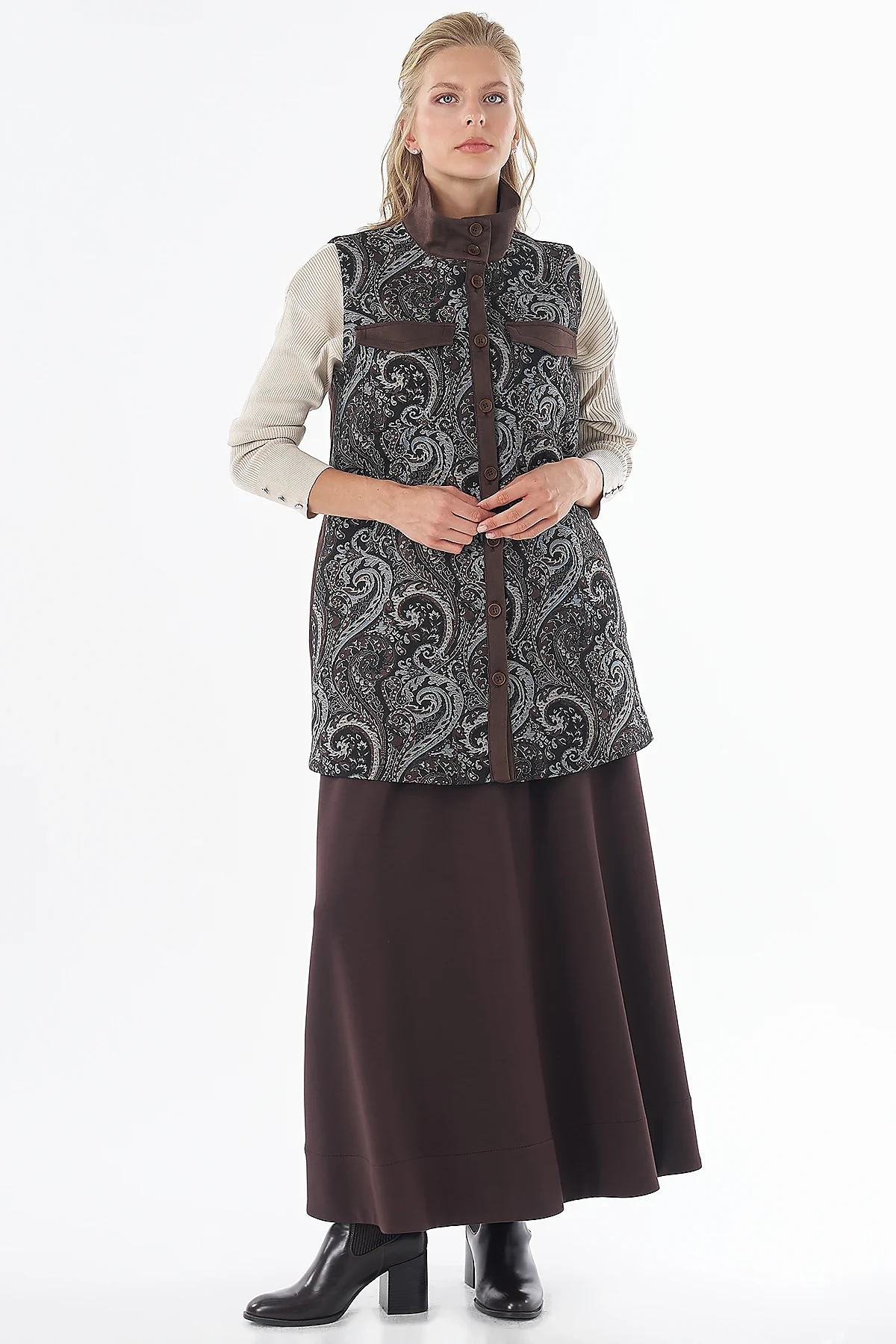 Shawl Pattern Stand Collar Vest Brown