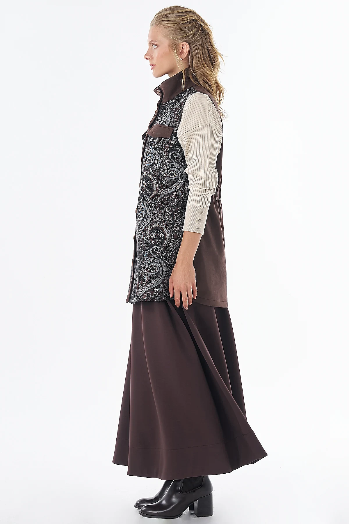 Shawl Pattern Stand Collar Vest Brown