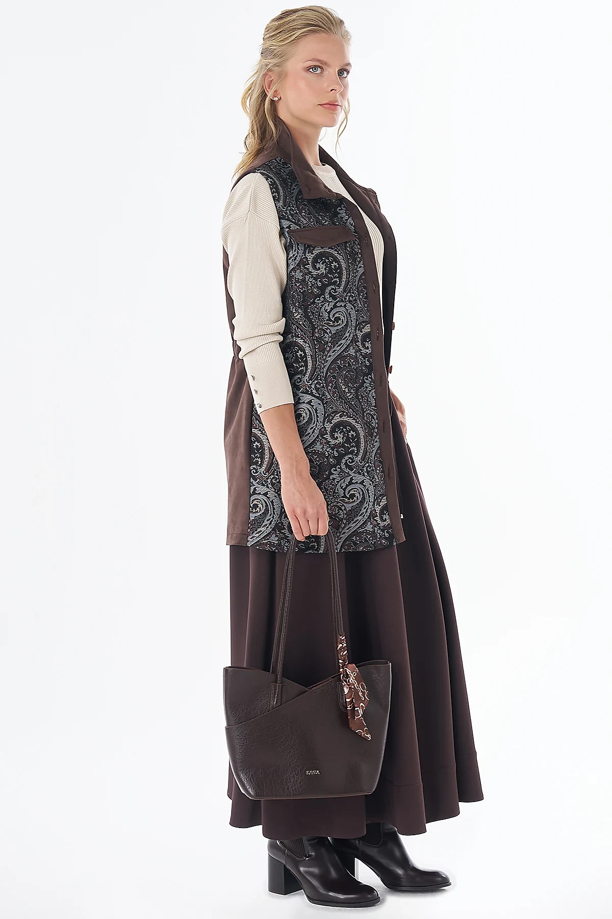 Shawl Pattern Stand Collar Vest Brown