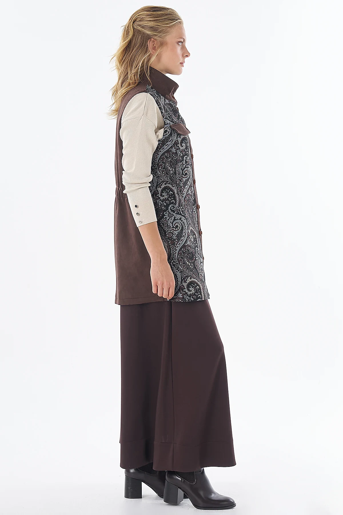 Shawl Pattern Stand Collar Vest Brown