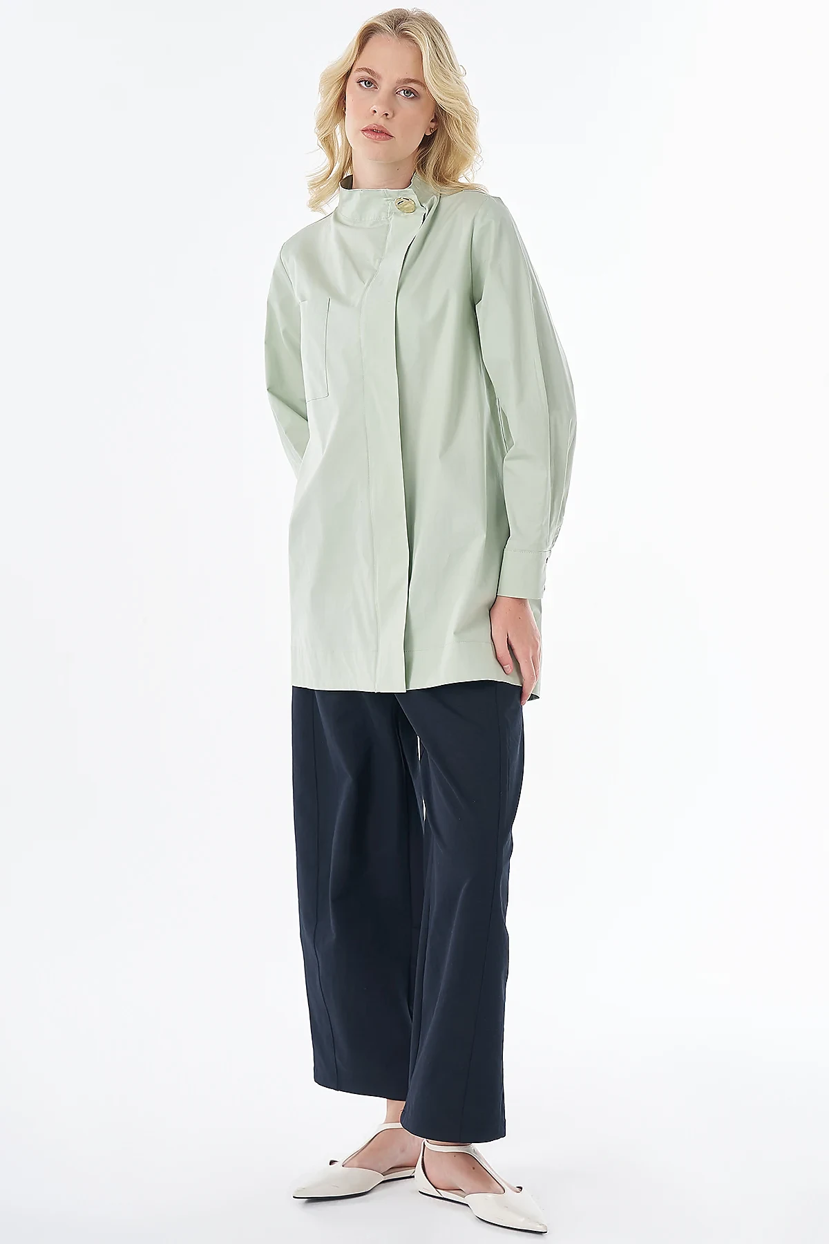 Shiny Button Cotton Tunic Green