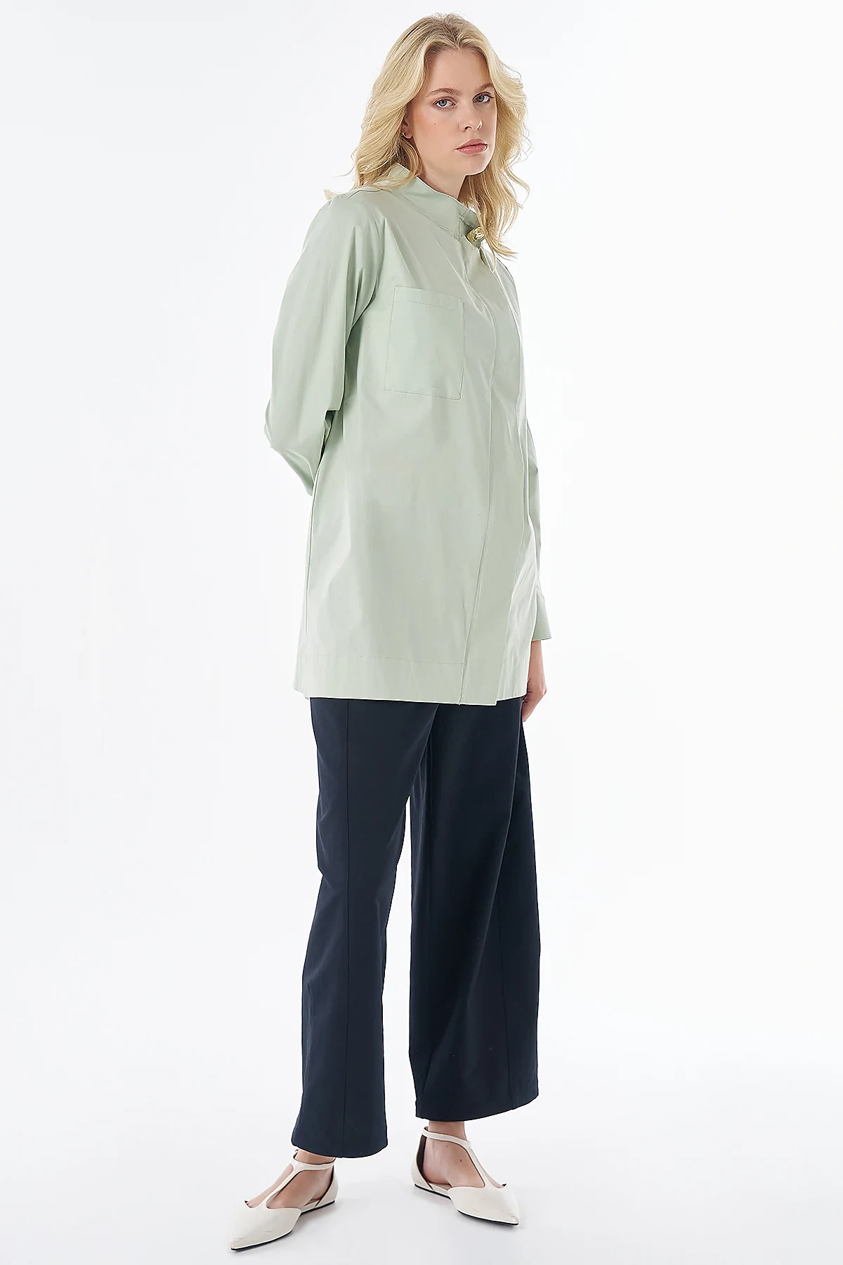 Shiny Button Cotton Tunic Green