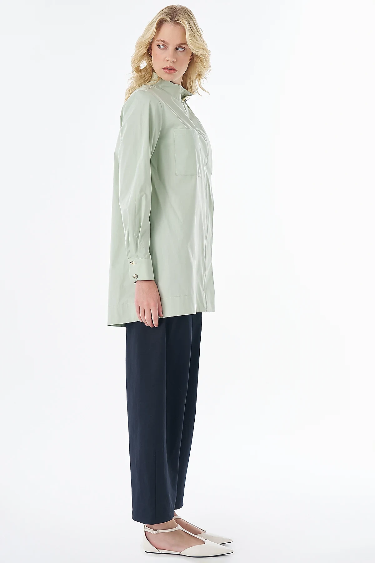 Shiny Button Cotton Tunic Green