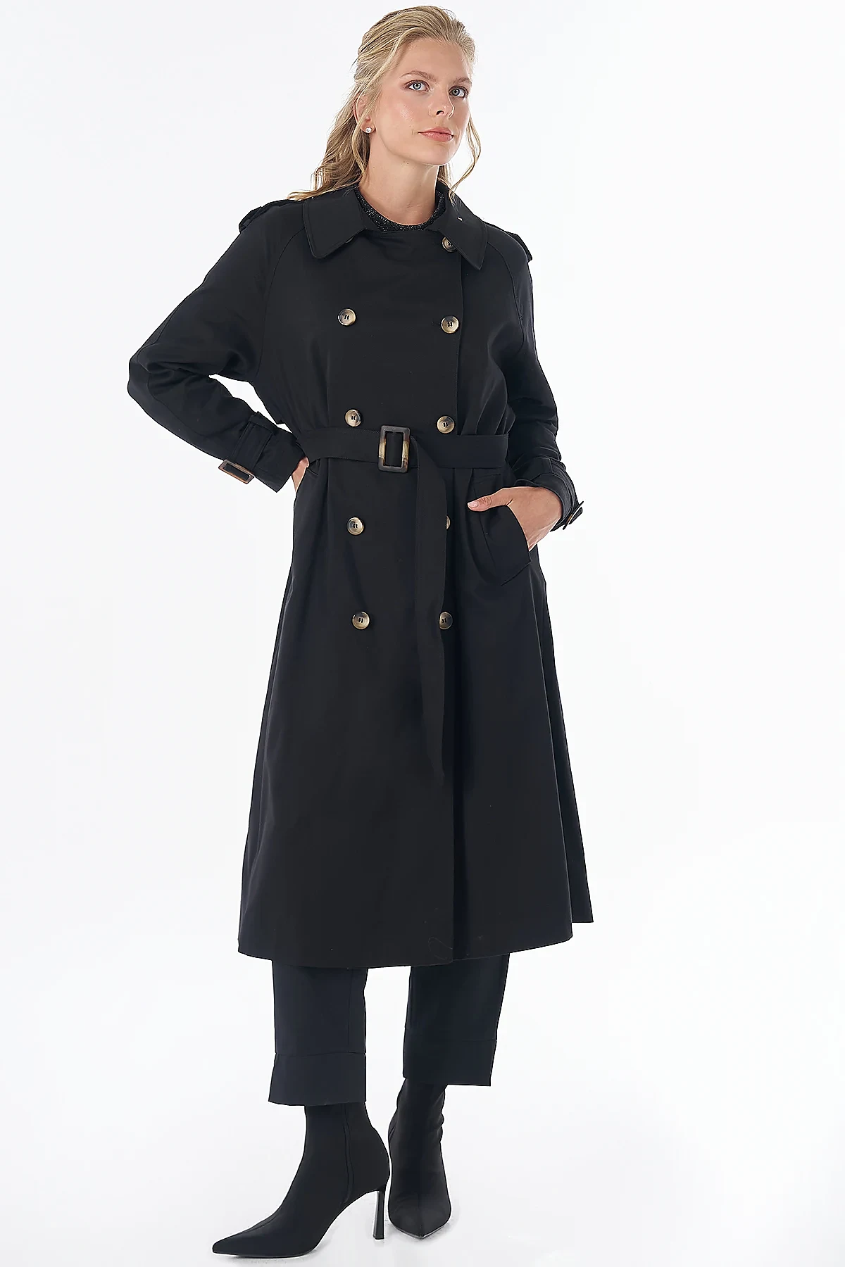 Buttoned Double-Breasted Trench Coat Black