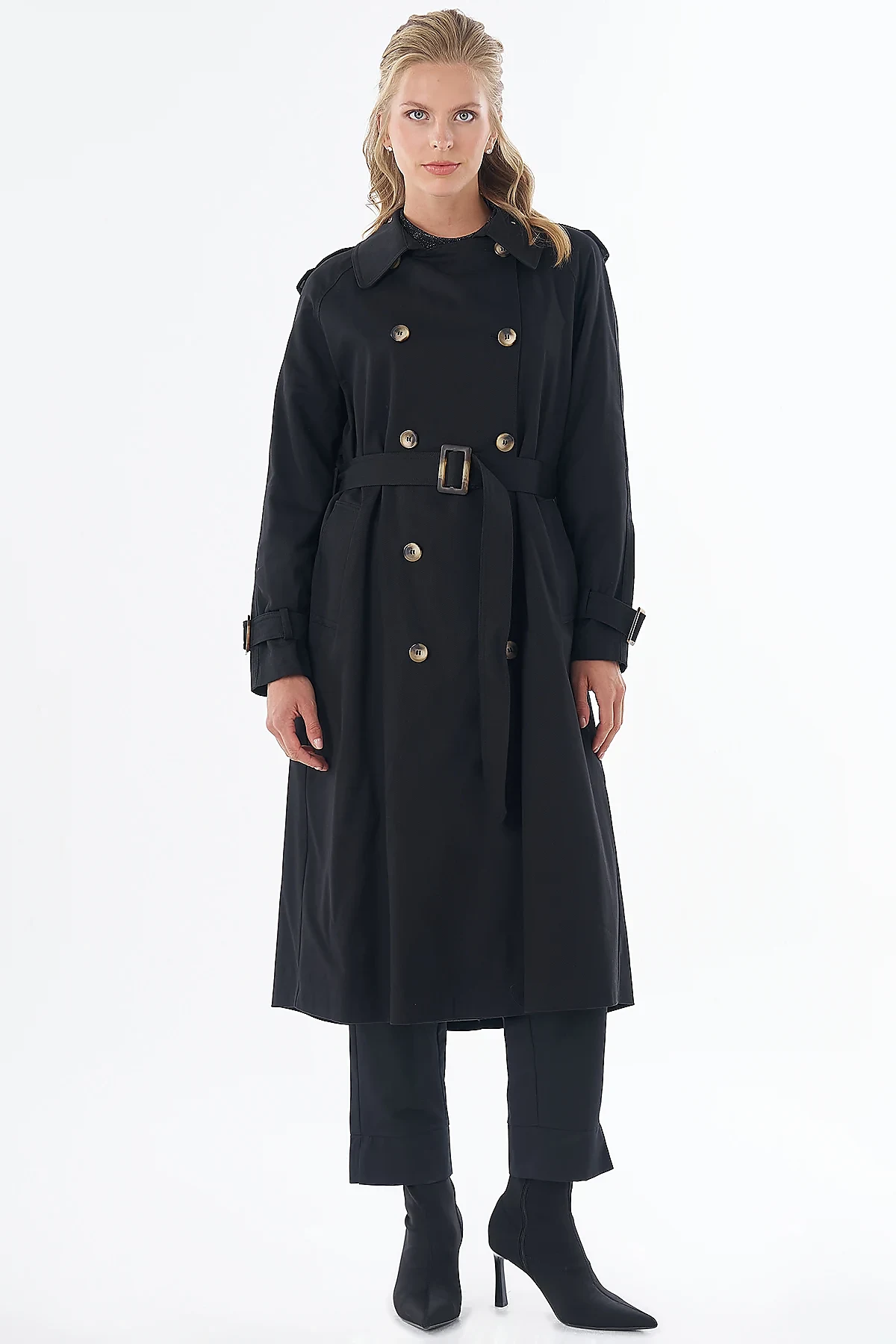 Buttoned Double-Breasted Trench Coat Black