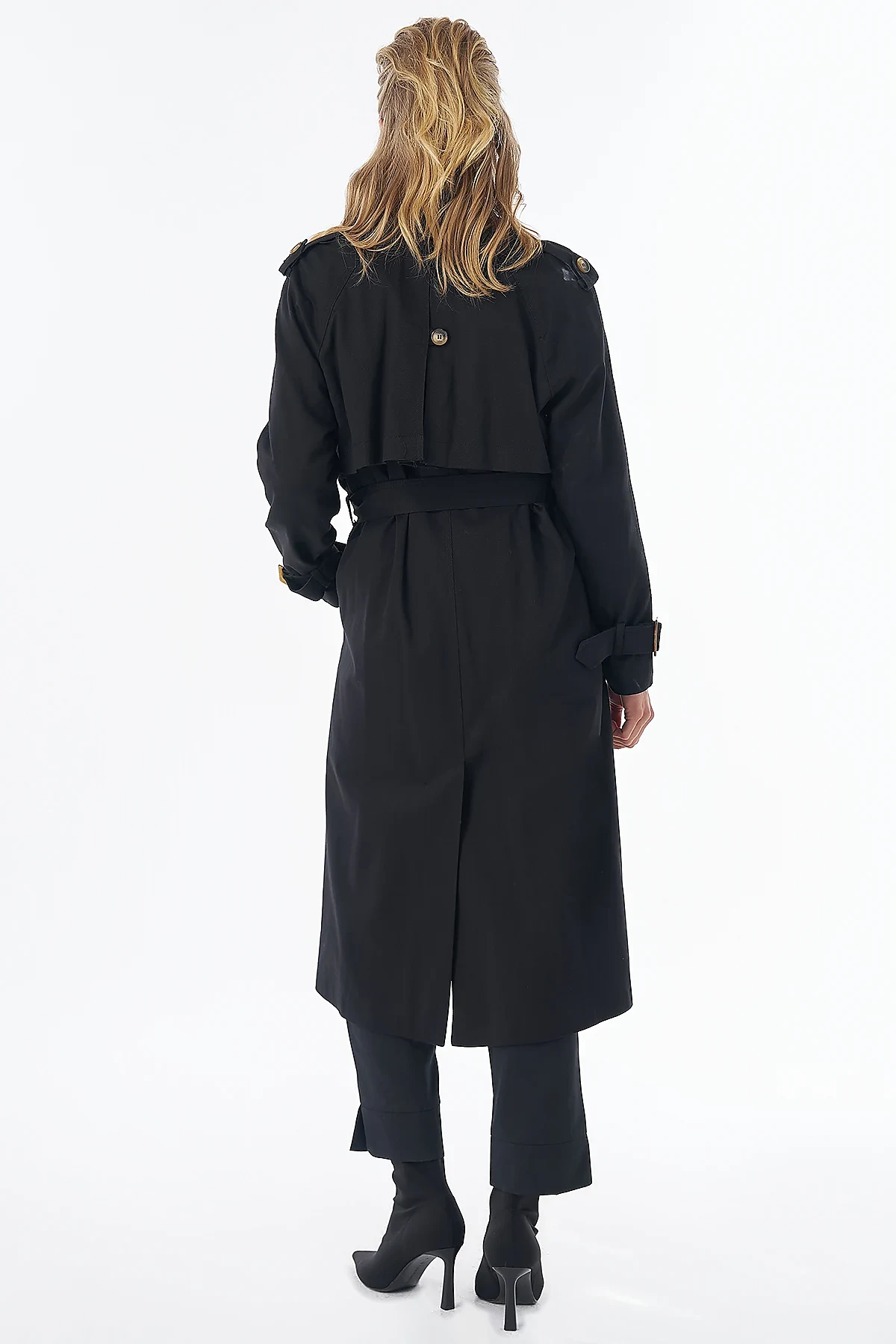 Buttoned Double-Breasted Trench Coat Black