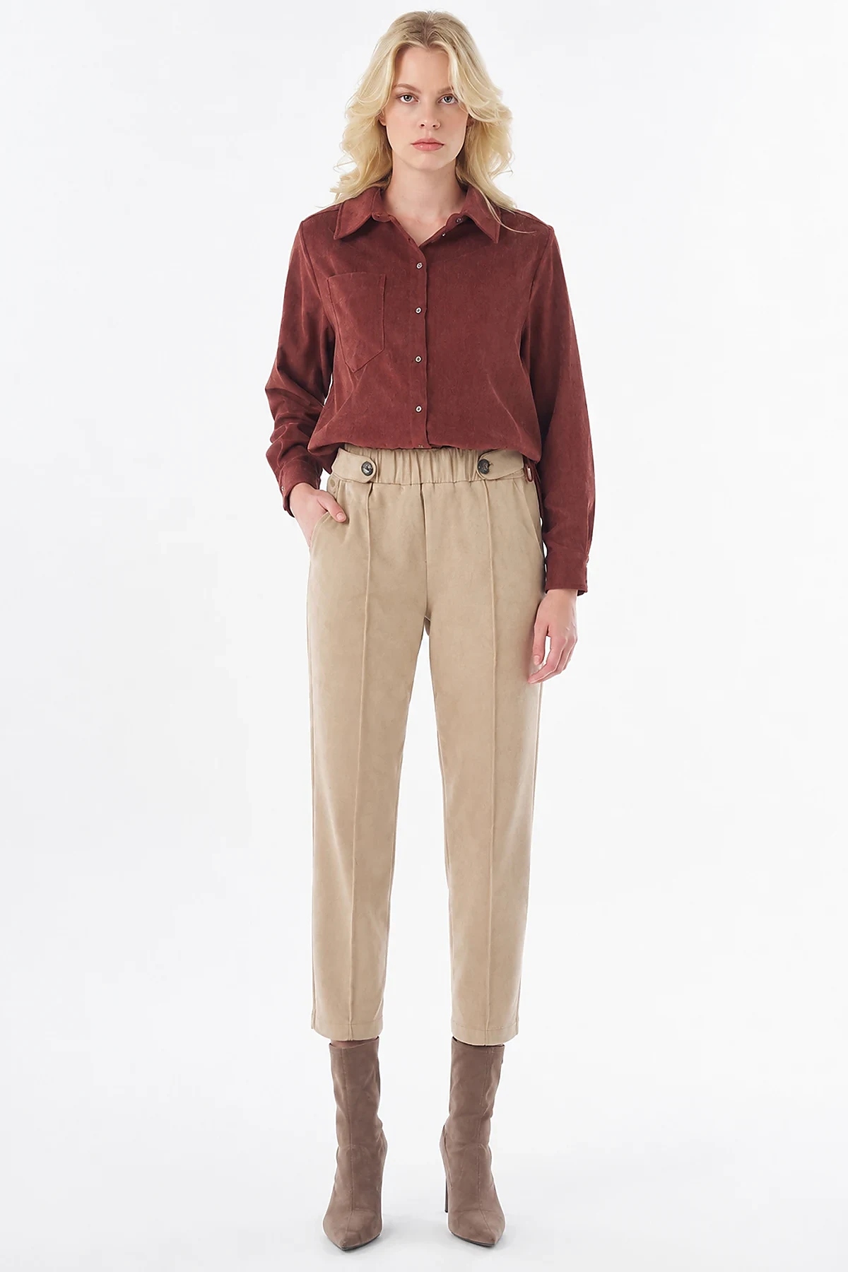 Topstitched Suede Trousers Beige