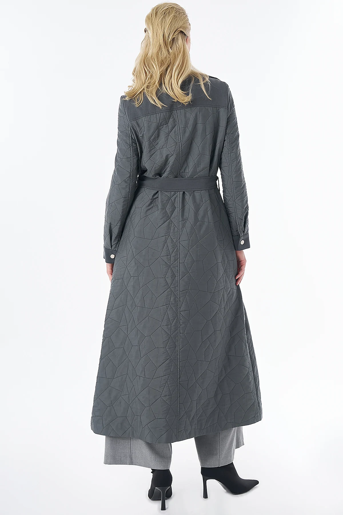 Quilted Pattern Stand Collar Coat Charcoal
