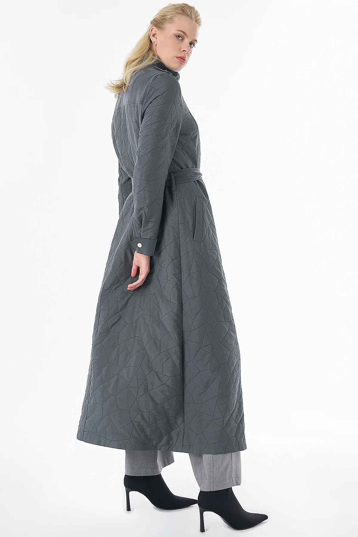 Quilted Pattern Stand Collar Coat Charcoal