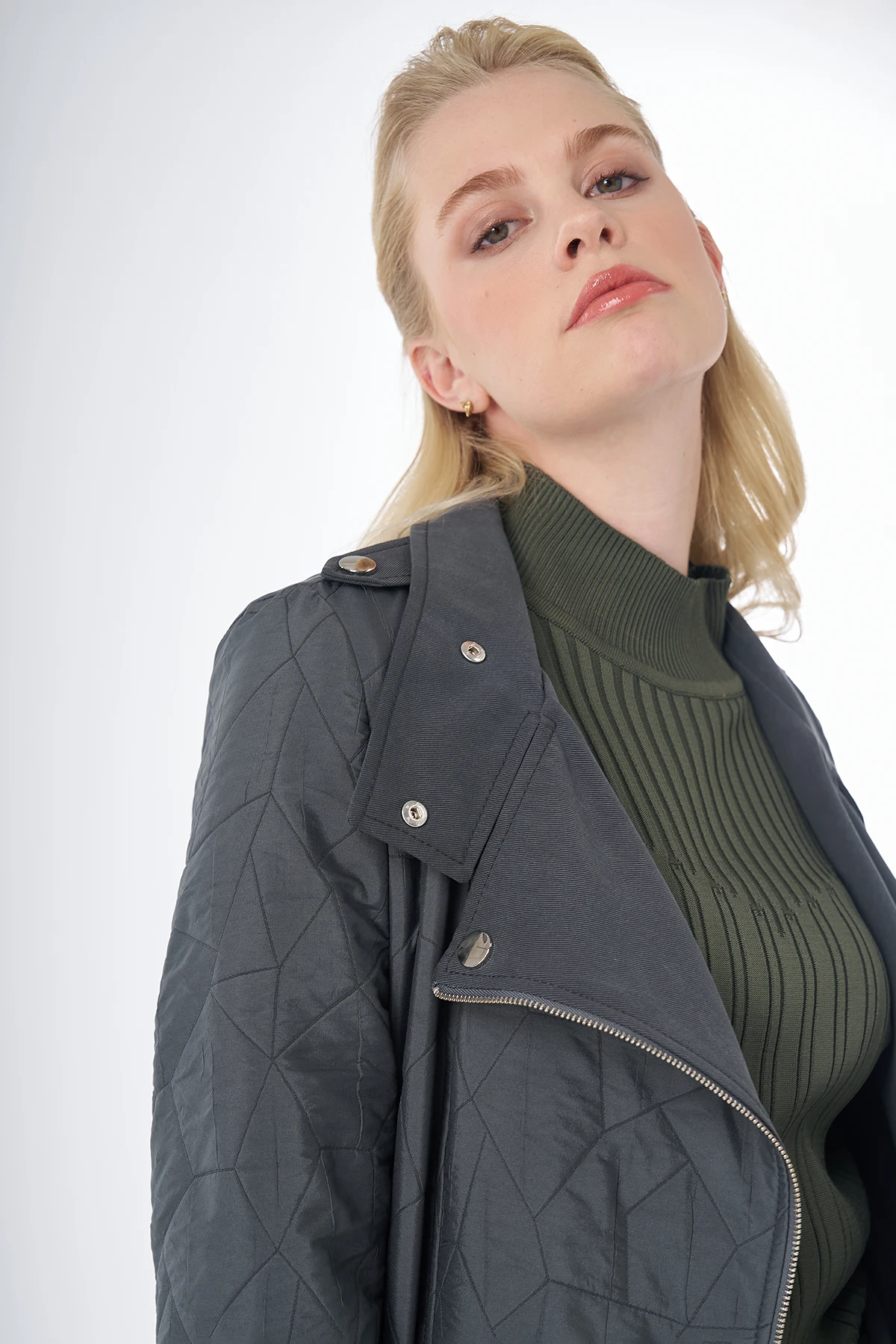 Quilted Pattern Stand Collar Coat Charcoal