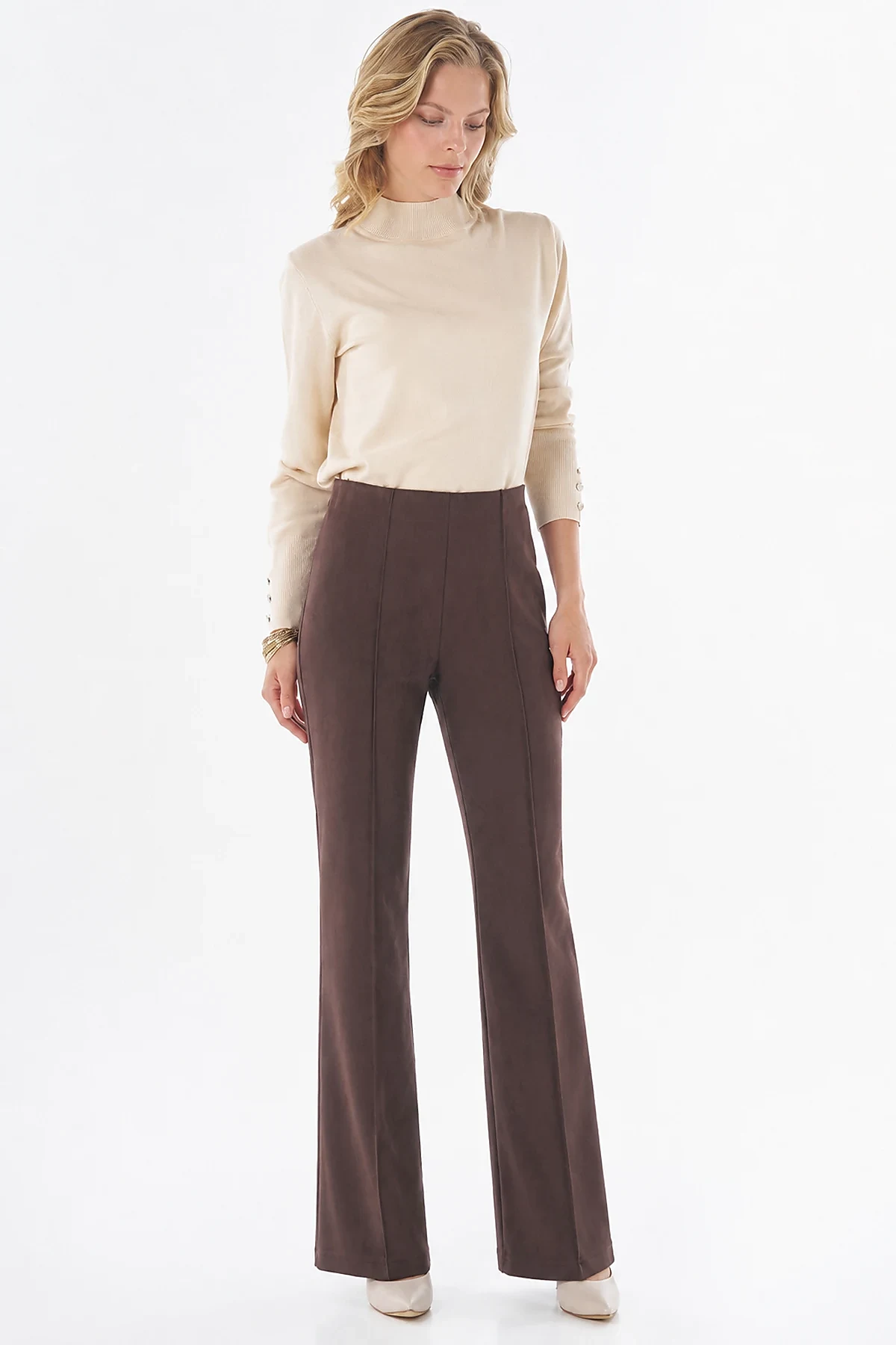 Çima Dikişli Flare Fit Süet Pantolon Kahve