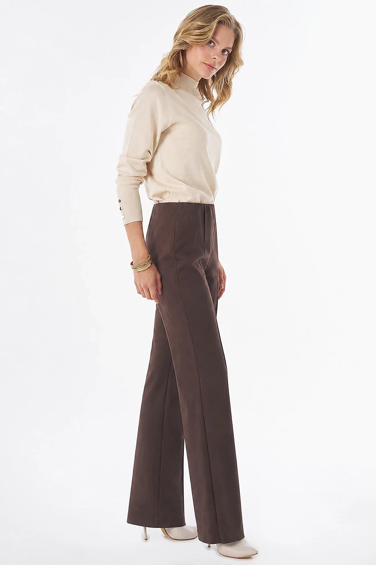 Çima Dikişli Flare Fit Süet Pantolon Kahve