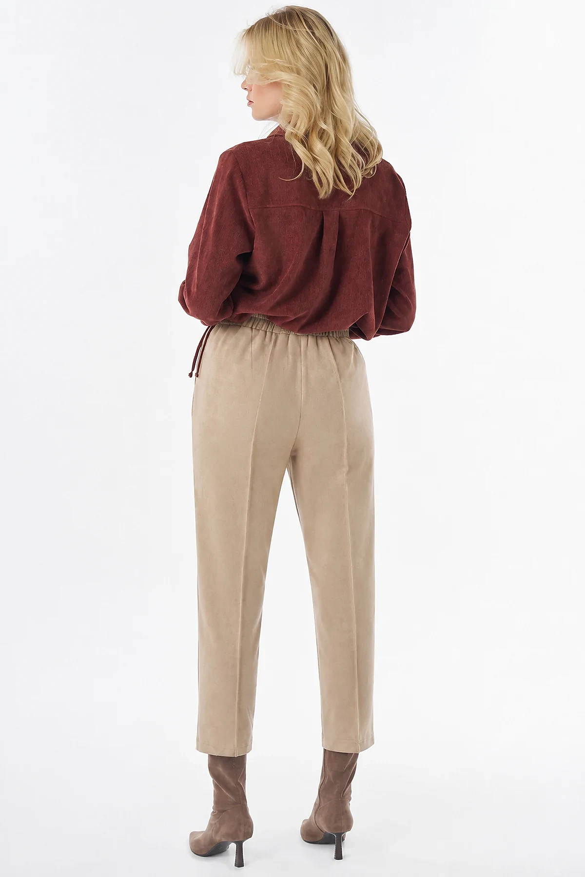 Topstitched Suede Trousers Beige