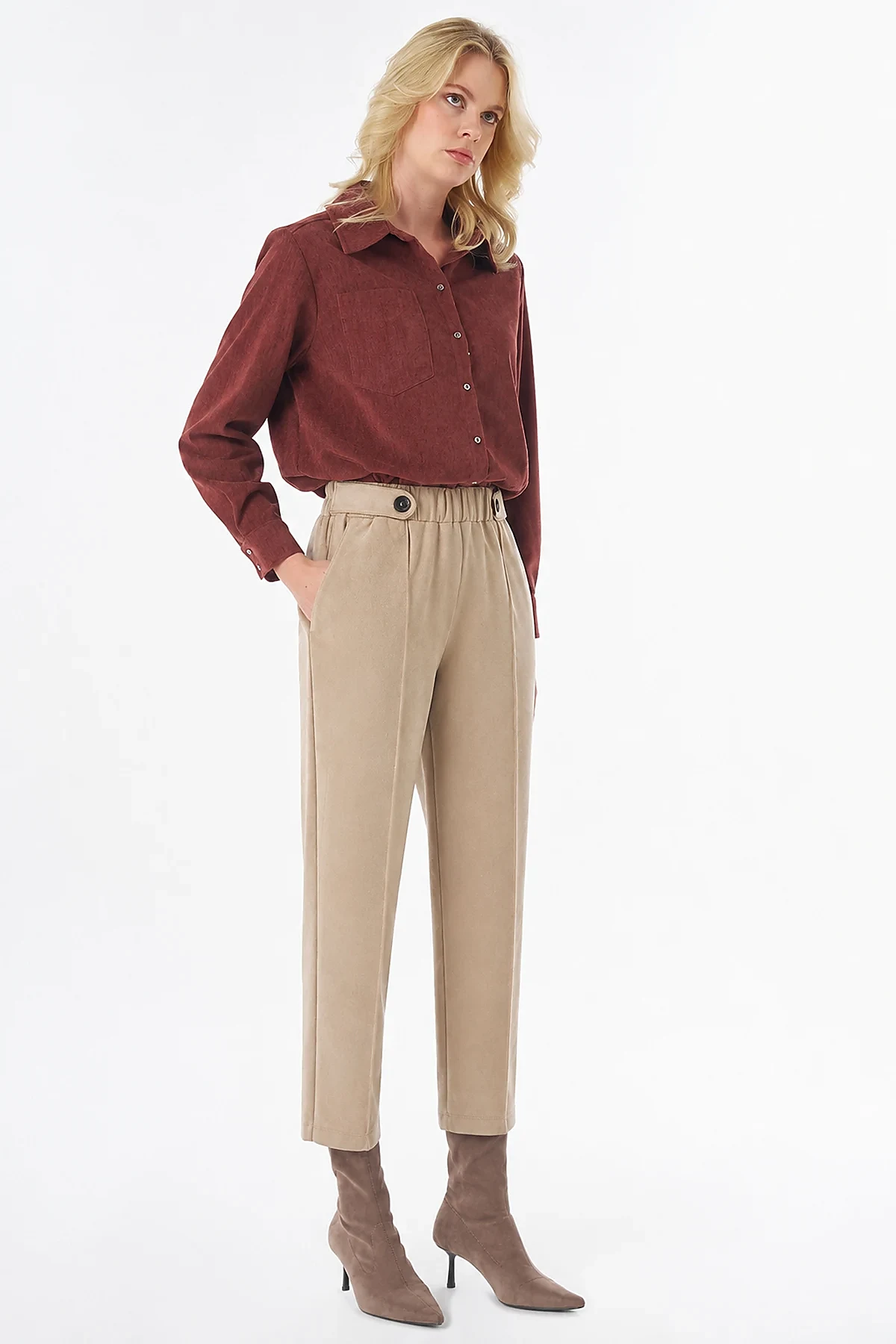 Topstitched Suede Trousers Beige