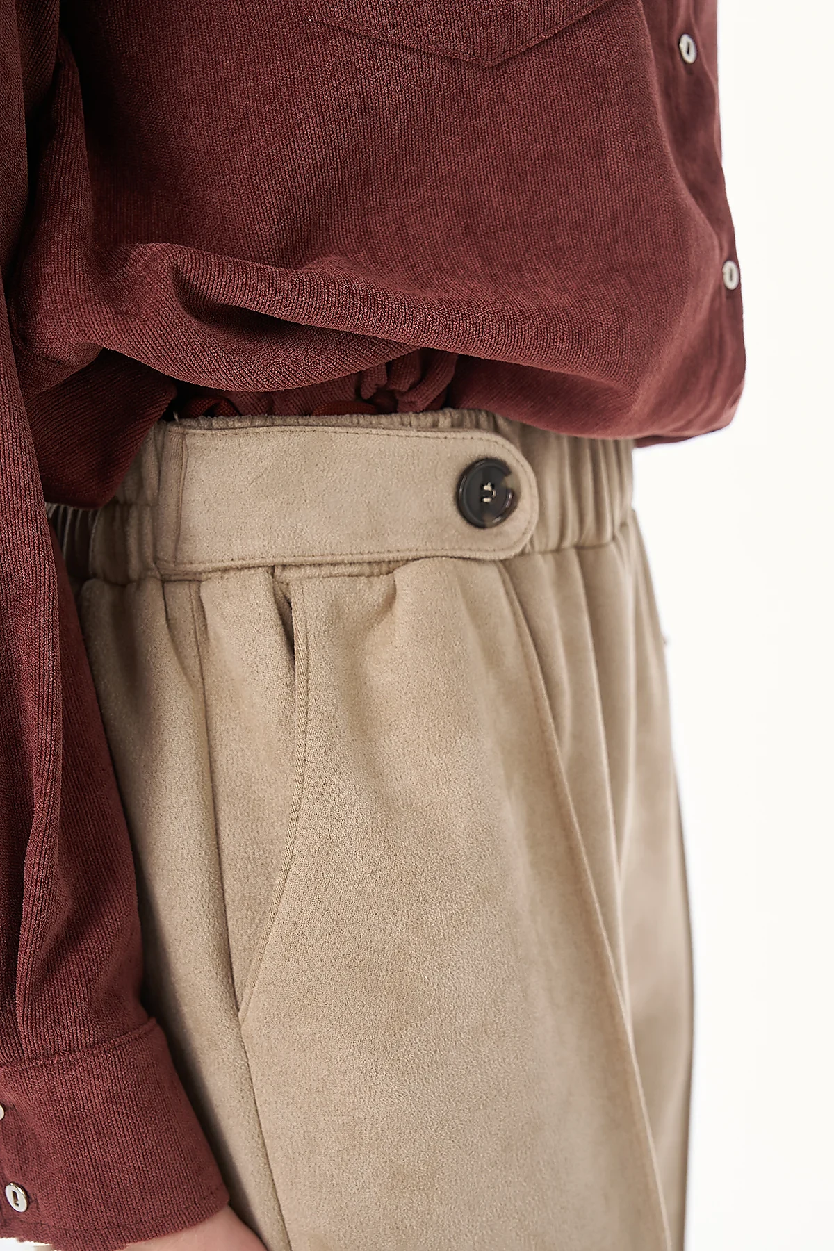 Topstitched Suede Trousers Beige