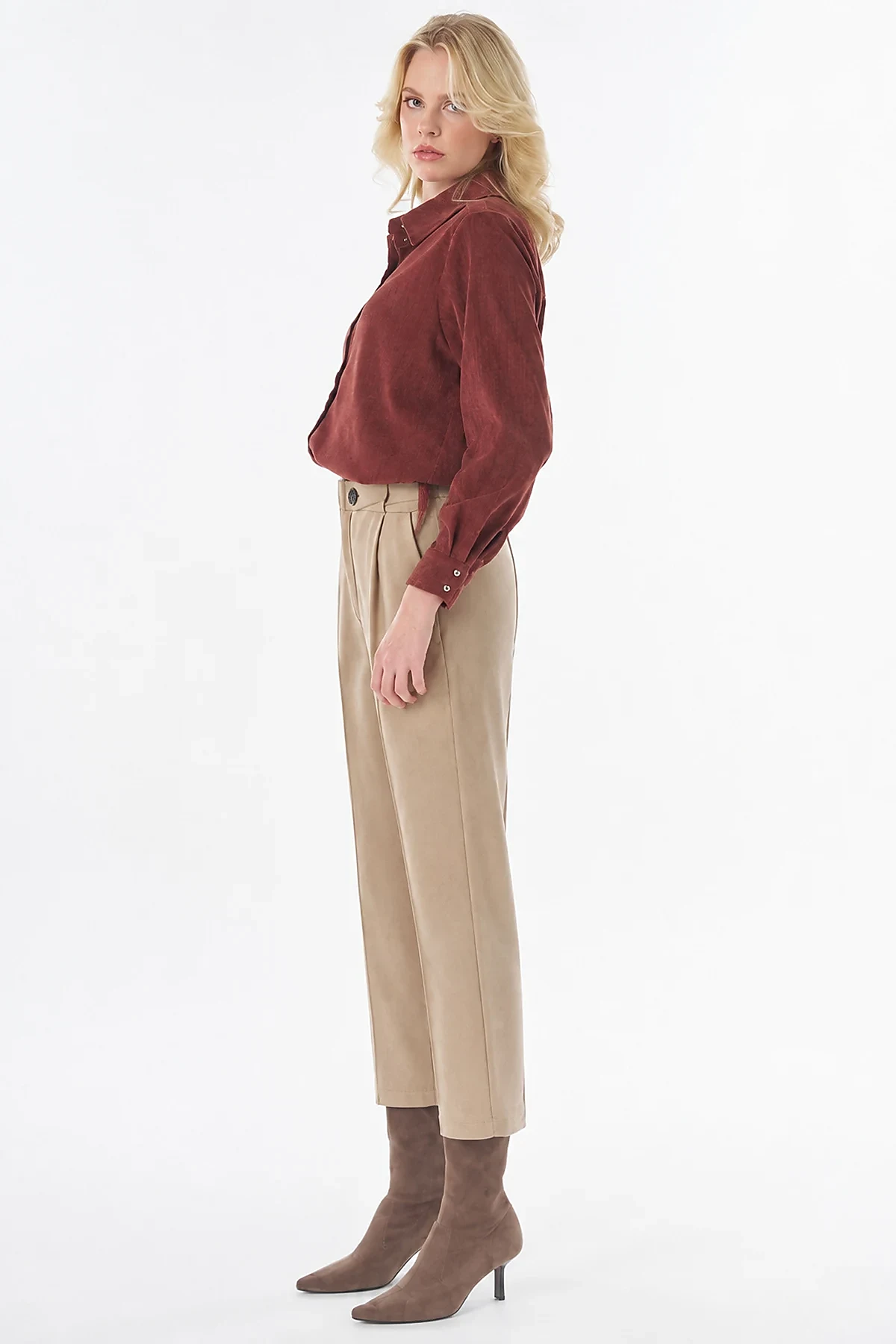 Topstitched Suede Trousers Beige